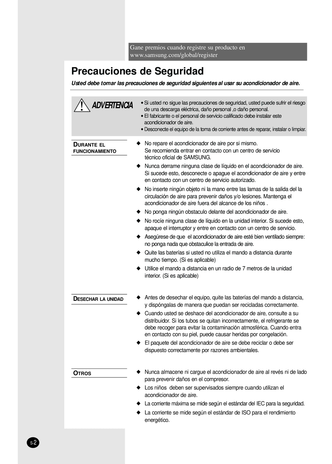 Samsung AS18HPBN, AS09HPBN, AS24HPBN, AS12HPBX, AS12HPBN, AS09HPBX manual Precauciones de Seguridad 