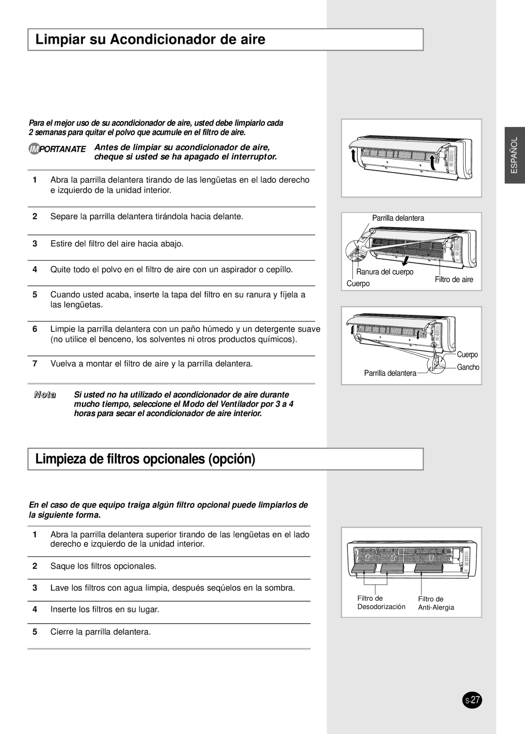 Samsung AS12HPBX, AS09HPBN, AS24HPBN, AS18HPBN manual Limpiar su Acondicionador de aire, Limpieza de filtros opcionales opción 