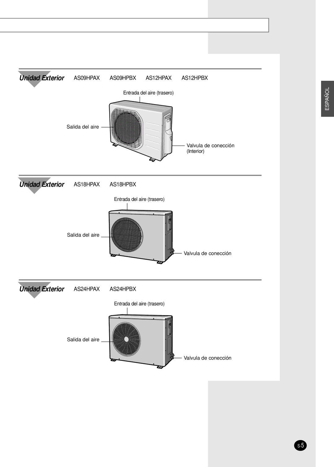 Samsung AS09HPBX, AS09HPBN, AS24HPBN, AS18HPBN, AS12HPBX, AS12HPBN manual Unidad Exterior AS18HPAX 