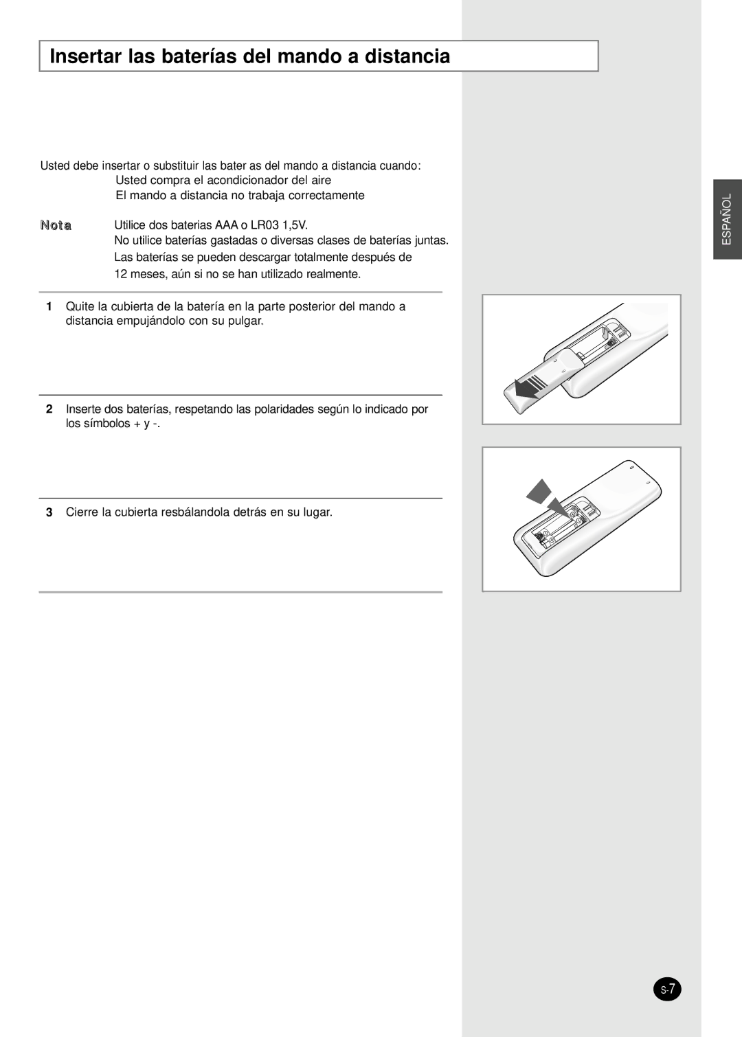 Samsung AS24HPBN, AS09HPBN, AS18HPBN, AS12HPBX, AS12HPBN, AS09HPBX manual Insertar las baterías del mando a distancia 