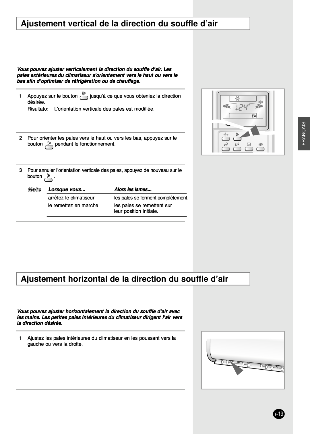 Samsung AS24HPBN manual Ajustement vertical de la direction du souffle d’air, Note Lorsque vous, Alors les lames, Français 