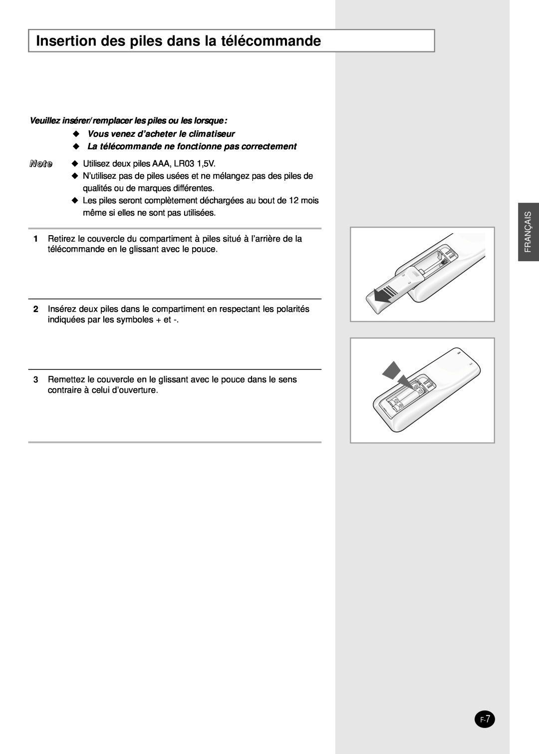 Samsung AS24HPBN Insertion des piles dans la télécommande, Veuillez insérer/remplacer les piles ou les lorsque, Français 