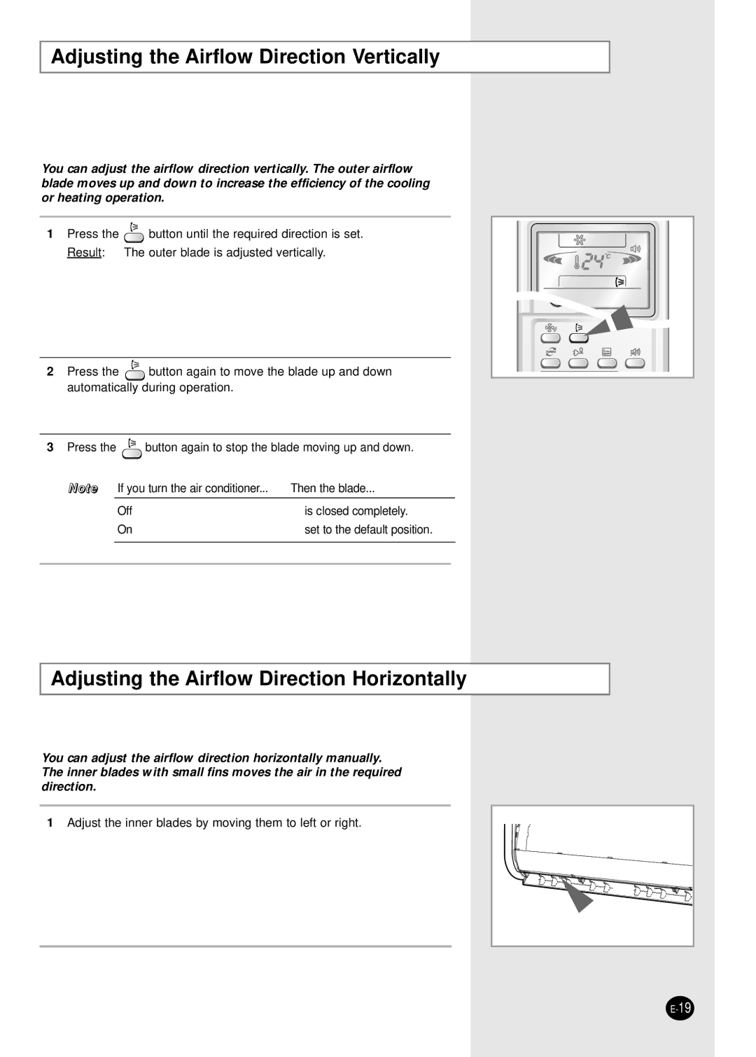 Samsung AS09HPBN/SER manual Adjusting the Airflow Direction Vertically, Adjusting the Airflow Direction Horizontally 