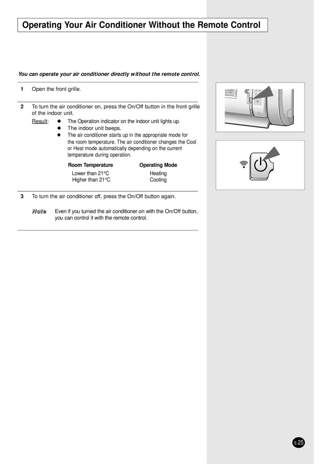 Samsung AS09HPBN/SER manual Operating Your Air Conditioner Without the Remote Control, Room Temperature 