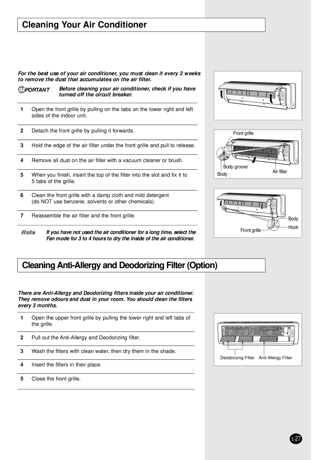 Samsung AS09HPBN/SER manual Cleaning Your Air Conditioner, Cleaning Anti-Allergy and Deodorizing Filter Option 