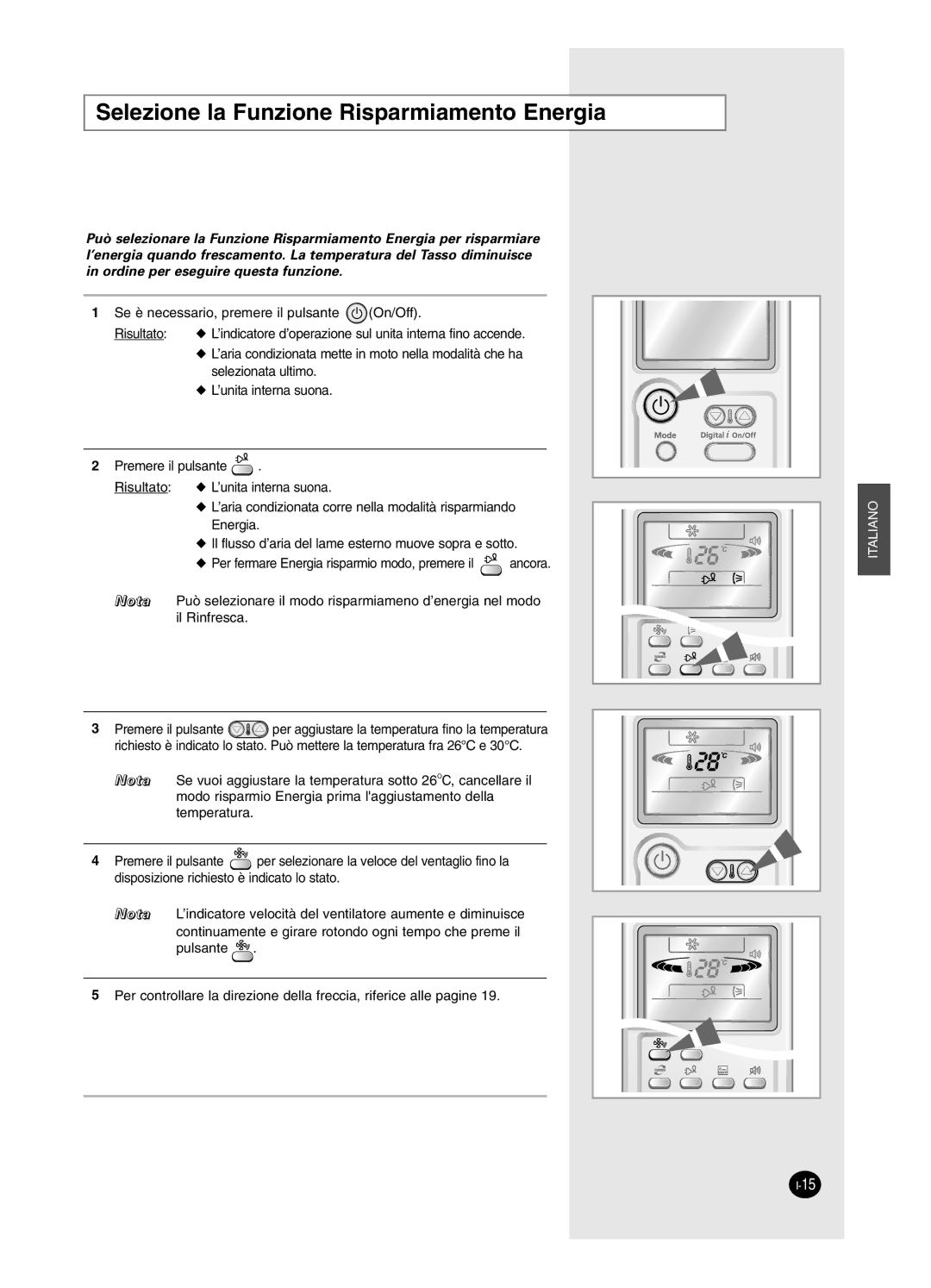 Samsung AS18HPCX, AS09HPCX, AS12HPCX, AS12HPCN, AS18HPCN, AS09HPCN manual Selezione la Funzione Risparmiamento Energia 