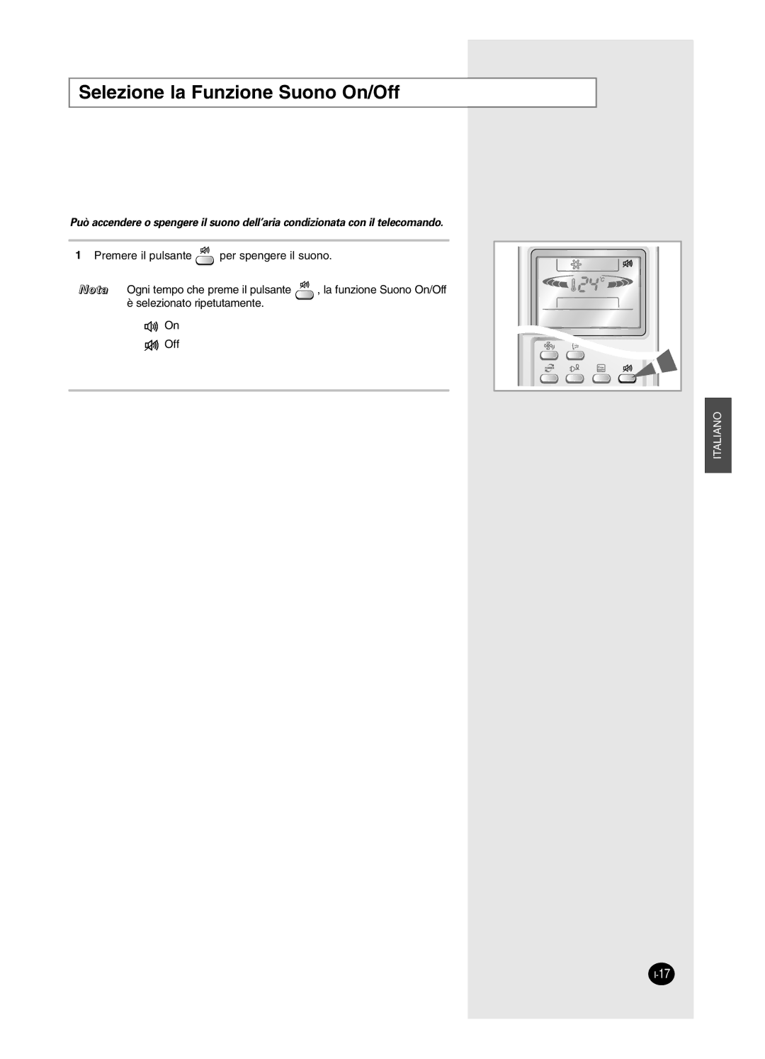 Samsung AS09HPCN, AS09HPCX, AS12HPCX, AS12HPCN, AS18HPCX, AS18HPCN manual Selezione la Funzione Suono On/Off, Nota 