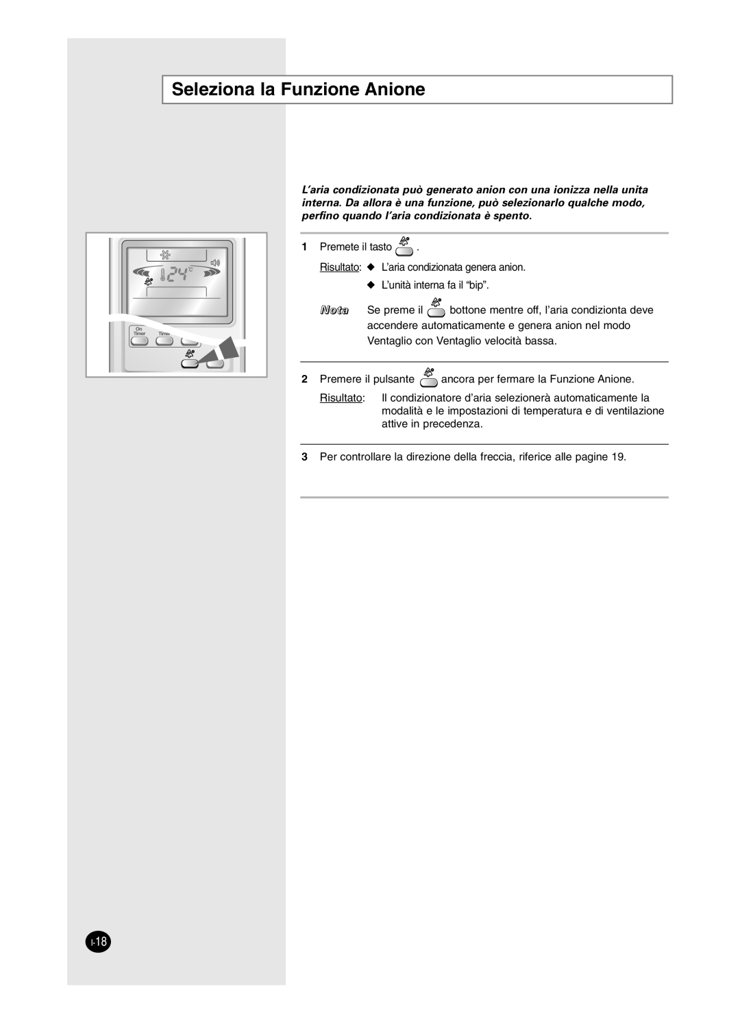 Samsung AS09HPCX, AS12HPCX, AS12HPCN, AS18HPCX, AS18HPCN, AS09HPCN manual Seleziona la Funzione Anione 