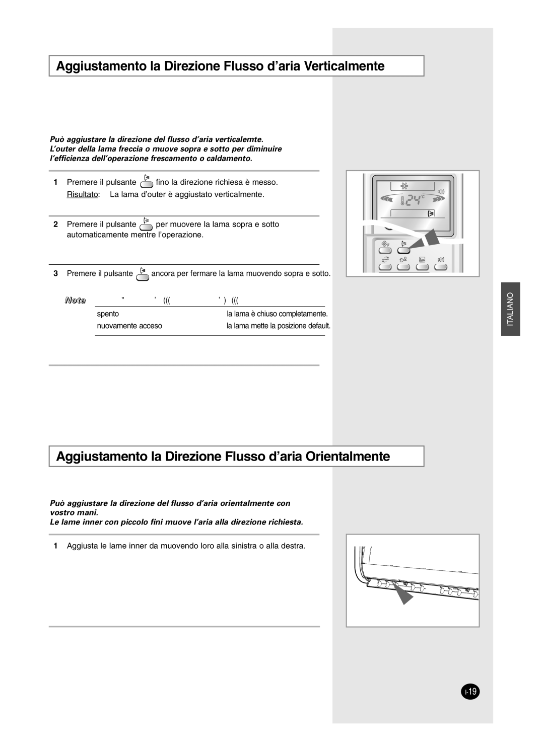 Samsung AS12HPCX, AS09HPCX, AS12HPCN, AS18HPCX, AS18HPCN, AS09HPCN manual Aggiustamento la Direzione Flusso d’aria Verticalmente 