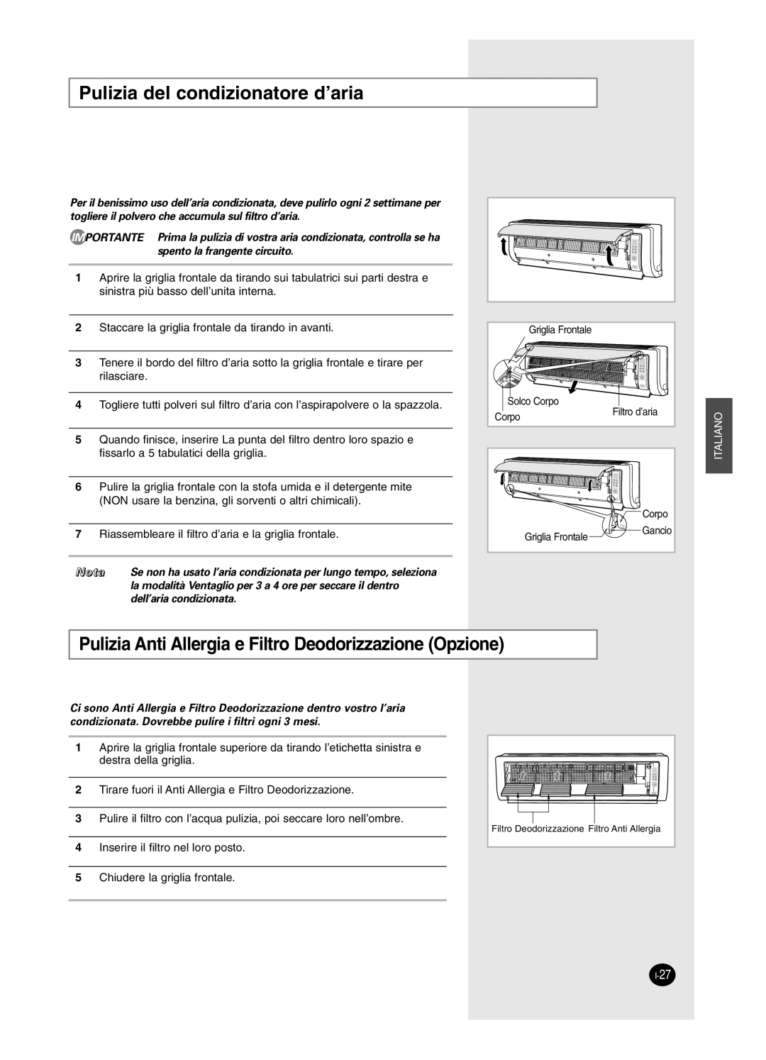 Samsung AS18HPCX, AS09HPCX manual Pulizia del condizionatore d’aria, Pulizia Anti Allergia e Filtro Deodorizzazione Opzione 