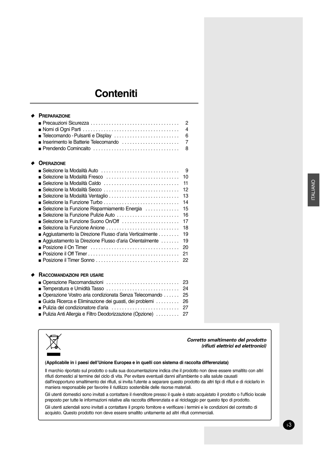 Samsung AS18HPCX, AS09HPCX, AS12HPCX, AS12HPCN, AS18HPCN, AS09HPCN manual Conteniti 