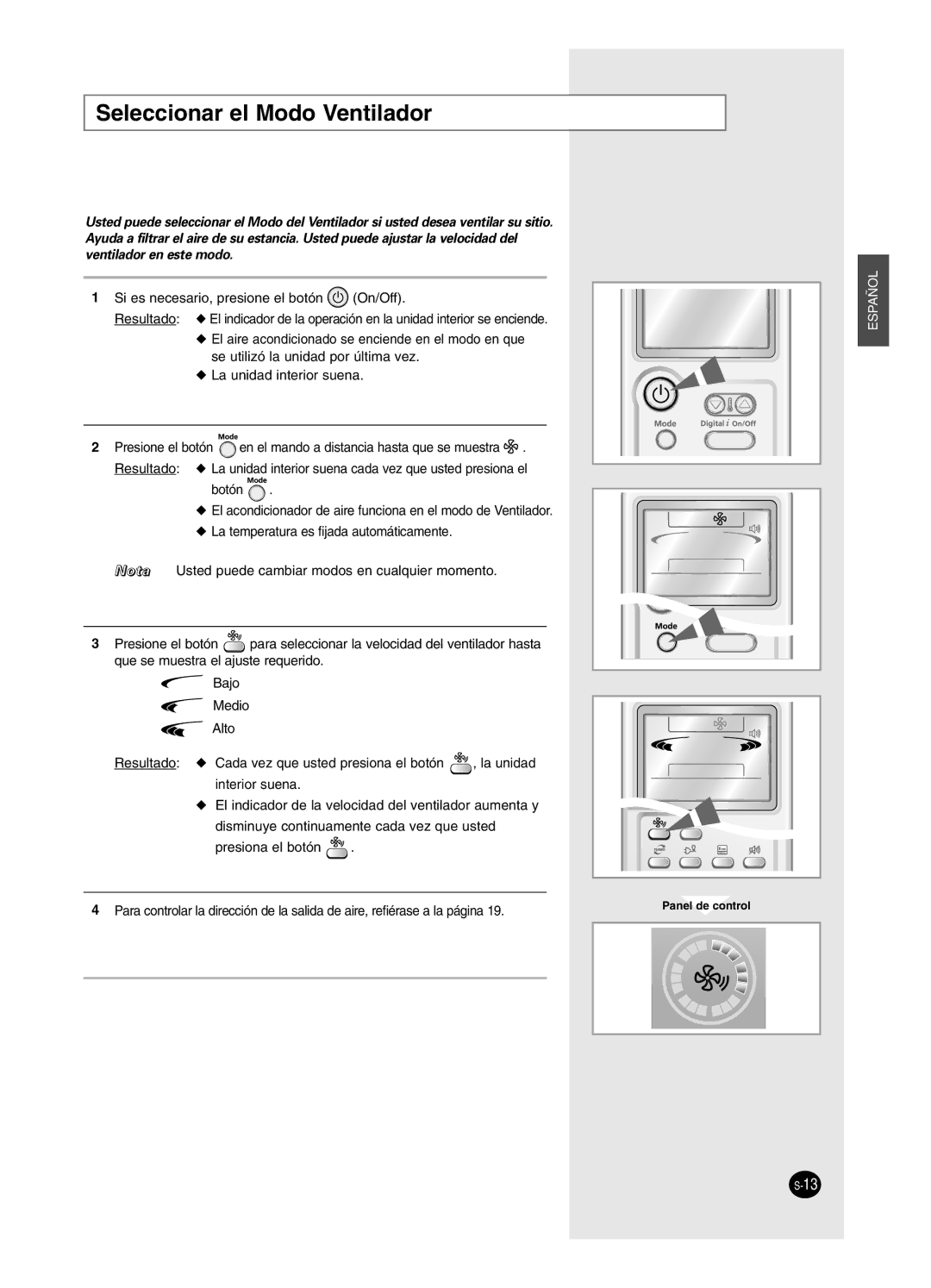 Samsung AS12HPCX, AS09HPCX, AS12HPCN, AS18HPCX, AS18HPCN, AS09HPCN manual Seleccionar el Modo Ventilador 