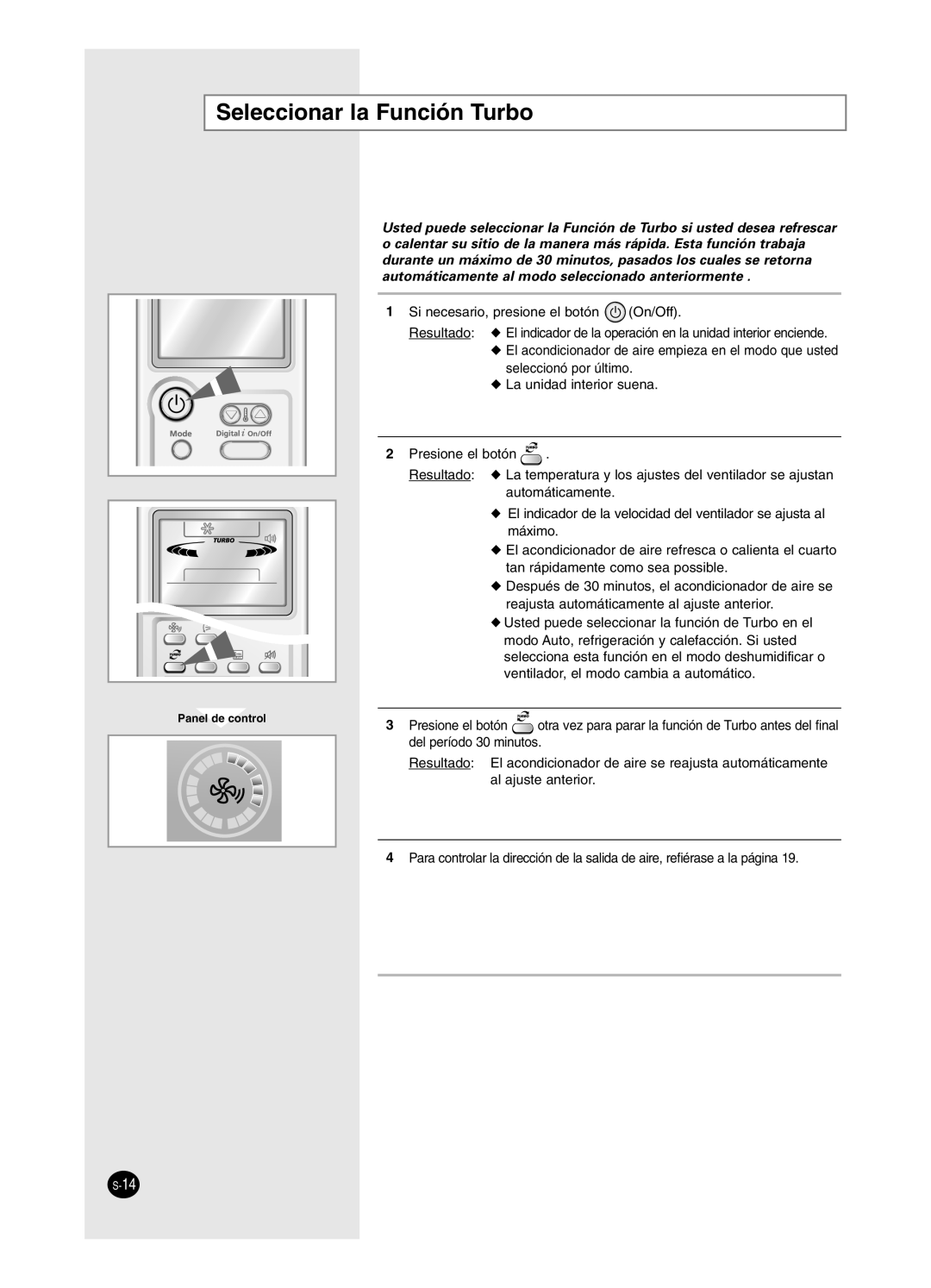 Samsung AS12HPCN, AS09HPCX, AS12HPCX, AS18HPCX, AS18HPCN, AS09HPCN manual Seleccionar la Función Turbo 