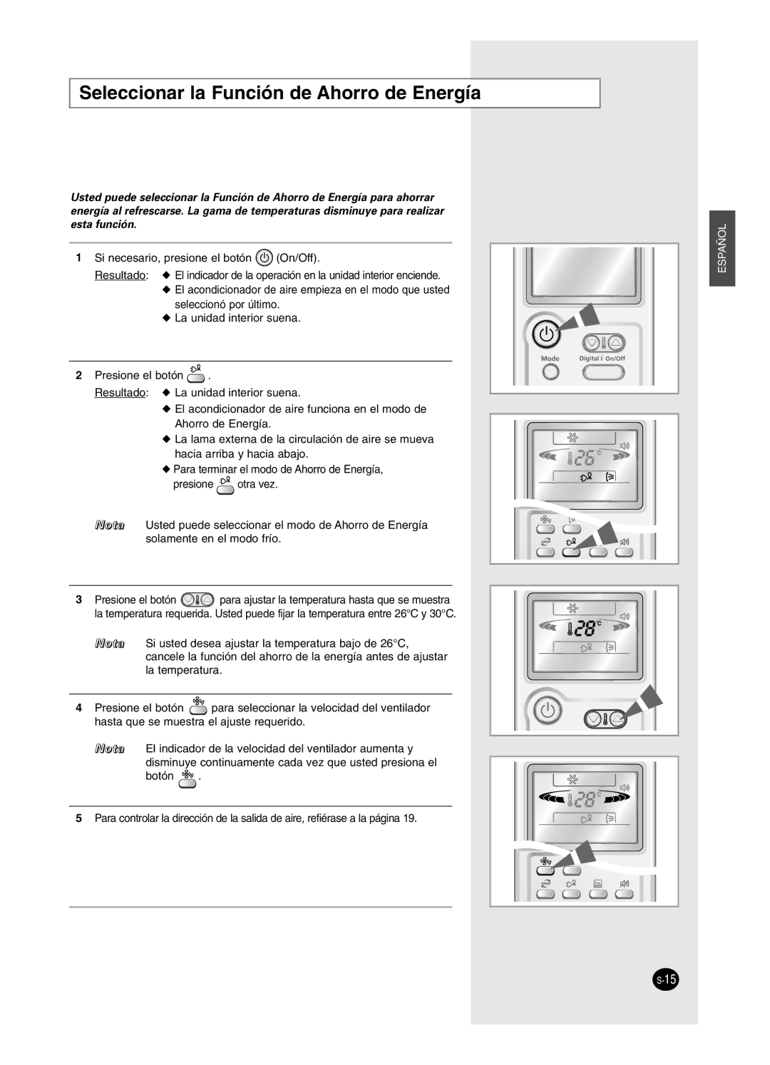 Samsung AS18HPCX, AS09HPCX, AS12HPCX, AS12HPCN, AS18HPCN, AS09HPCN manual Seleccionar la Función de Ahorro de Energía 