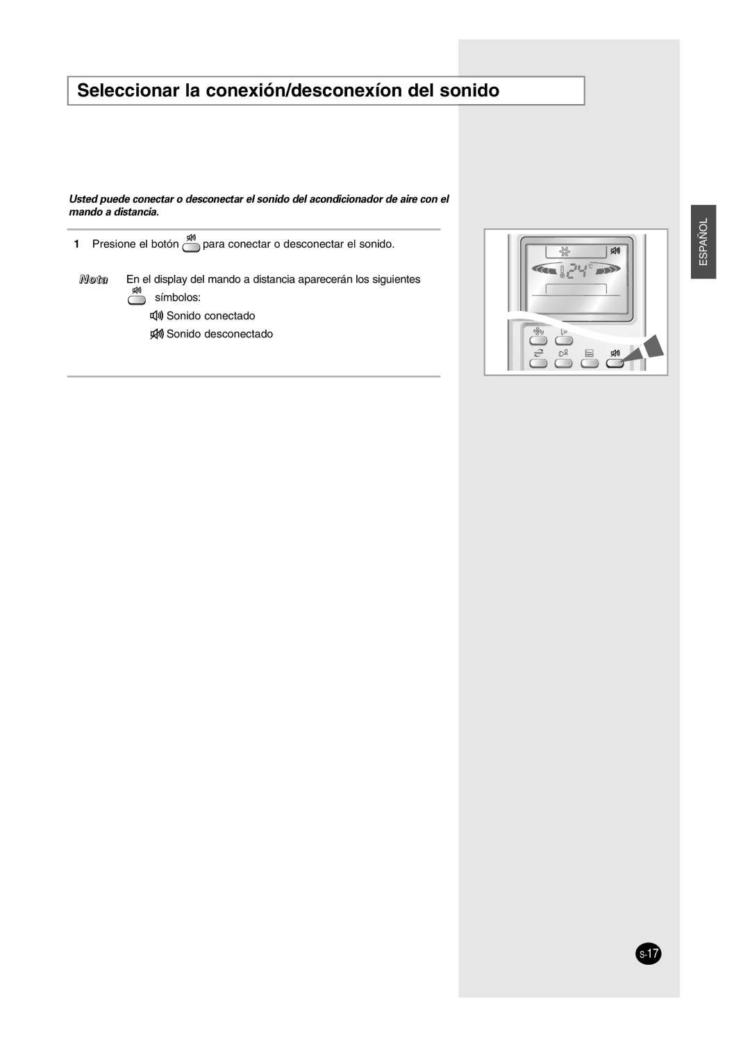 Samsung AS09HPCN, AS09HPCX, AS12HPCX, AS12HPCN, AS18HPCX, AS18HPCN manual Seleccionar la conexión/desconexíon del sonido 