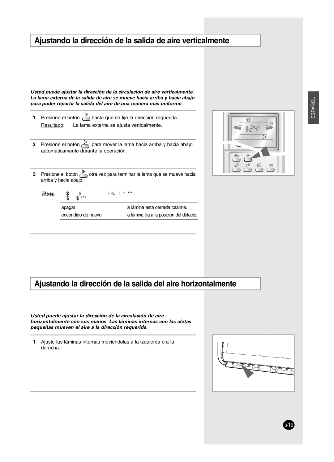 Samsung AS12HPCX, AS09HPCX, AS12HPCN, AS18HPCX, AS18HPCN, AS09HPCN Ajustando la dirección de la salida de aire verticalmente 