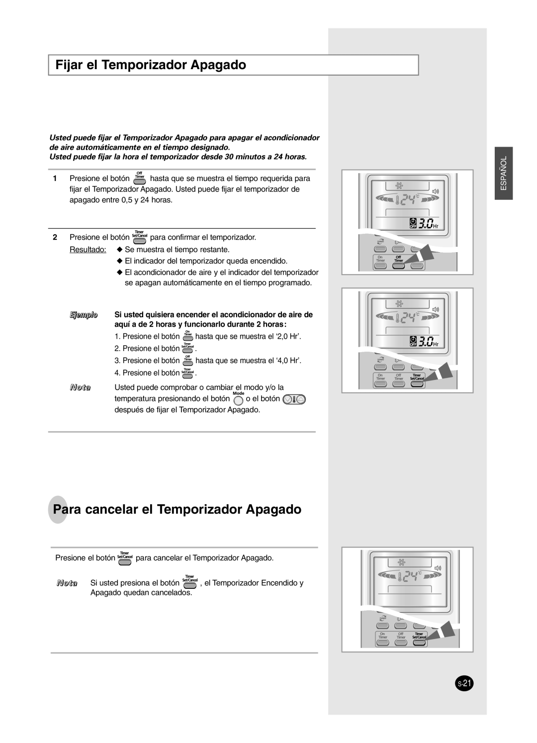 Samsung AS18HPCX, AS09HPCX, AS12HPCX, AS12HPCN, AS18HPCN Fijar el Temporizador Apagado, Para cancelar el Temporizador Apagado 