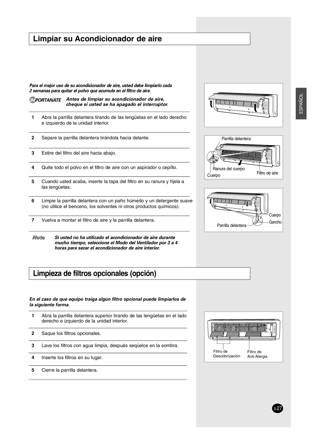 Samsung AS18HPCX, AS09HPCX, AS12HPCX, AS12HPCN manual Limpiar su Acondicionador de aire, Limpieza de filtros opcionales opción 