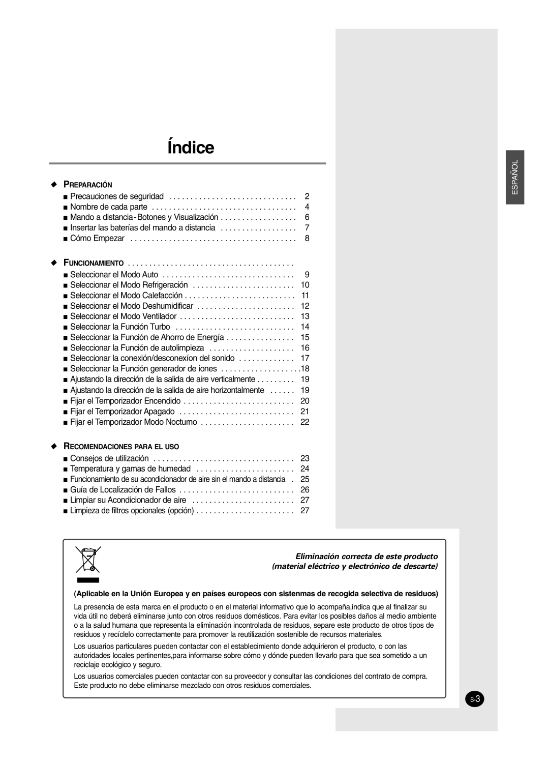 Samsung AS18HPCX, AS09HPCX, AS12HPCX, AS12HPCN, AS18HPCN, AS09HPCN manual Índice 