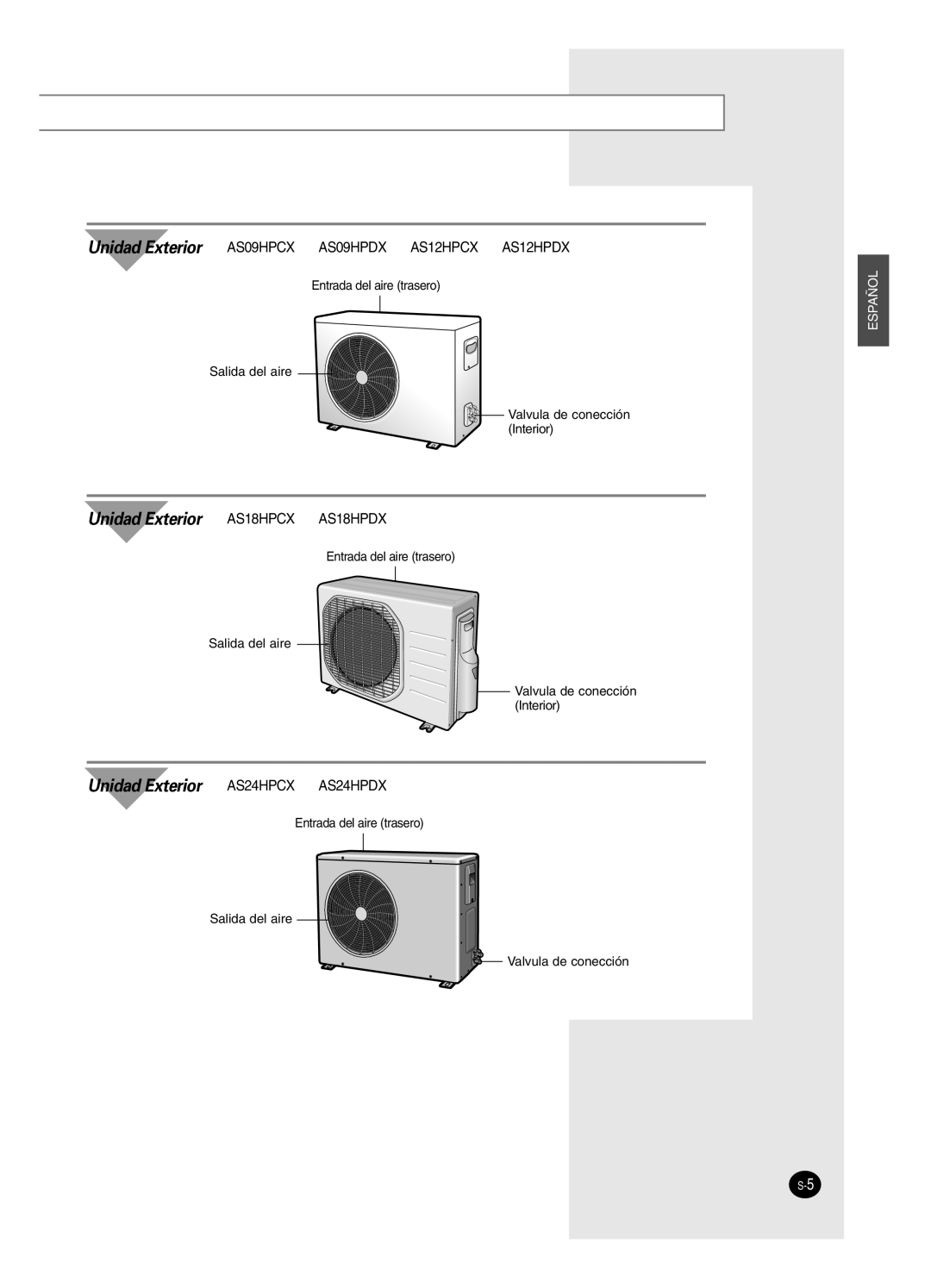 Samsung AS09HPCN, AS12HPCN, AS18HPCX, AS18HPCN manual Unidad Exterior AS09HPCX AS09HPDX AS12HPCX AS12HPDX 