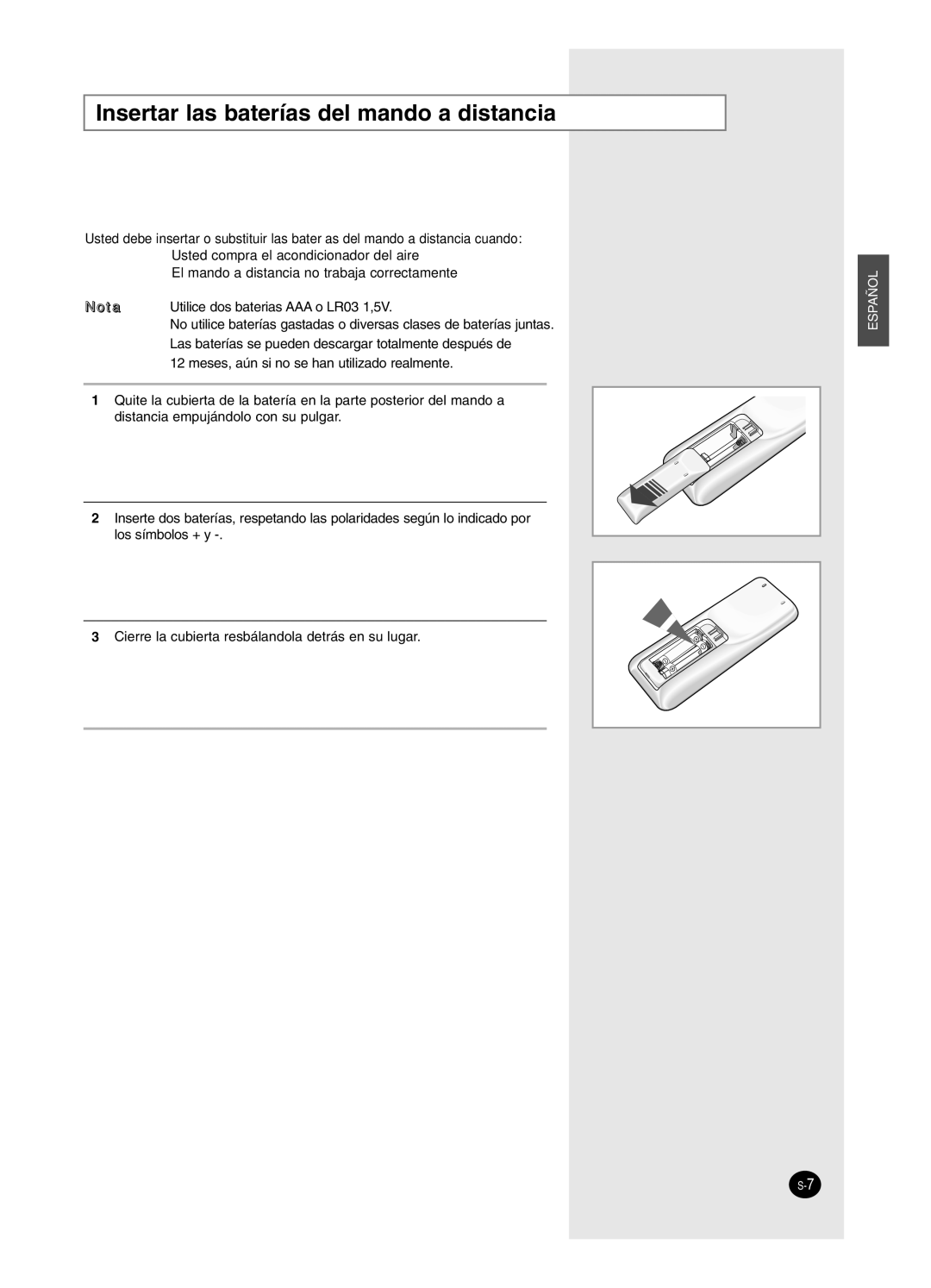 Samsung AS12HPCX, AS09HPCX, AS12HPCN, AS18HPCX, AS18HPCN, AS09HPCN manual Insertar las baterías del mando a distancia 