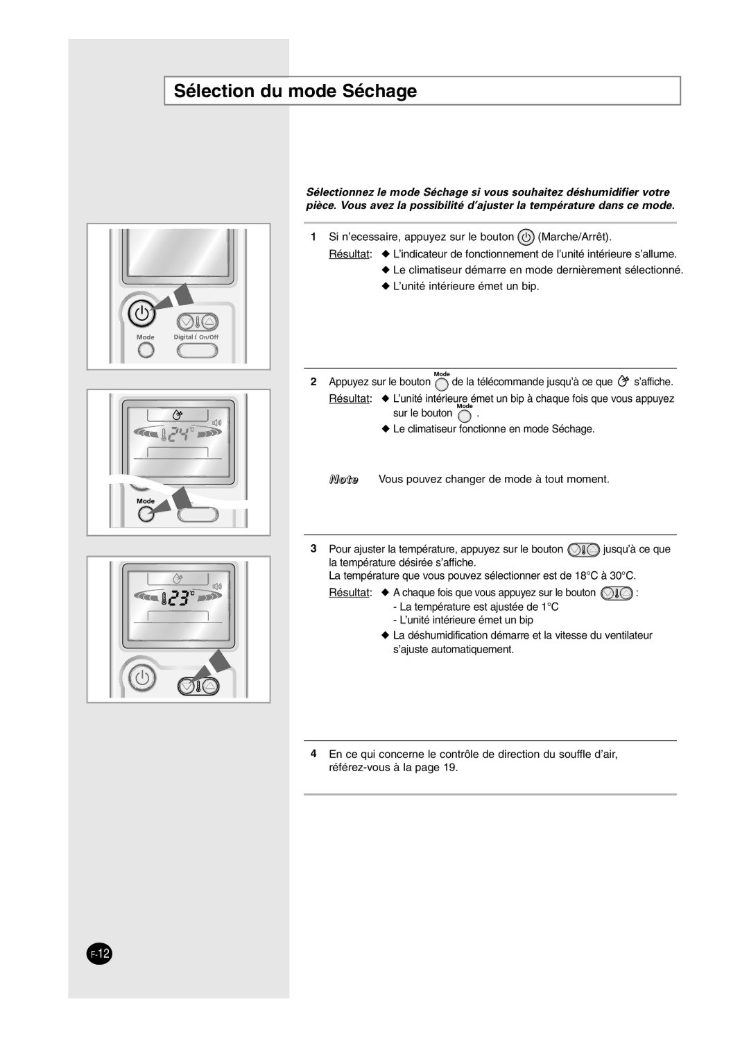 Samsung AS12HPCN, AS09HPCX, AS24HPCX, AS24HPCN, AS12HPCX, AS18HPCX, AS18HPCN, AS09HPCN manual Sélection du mode Séchage 