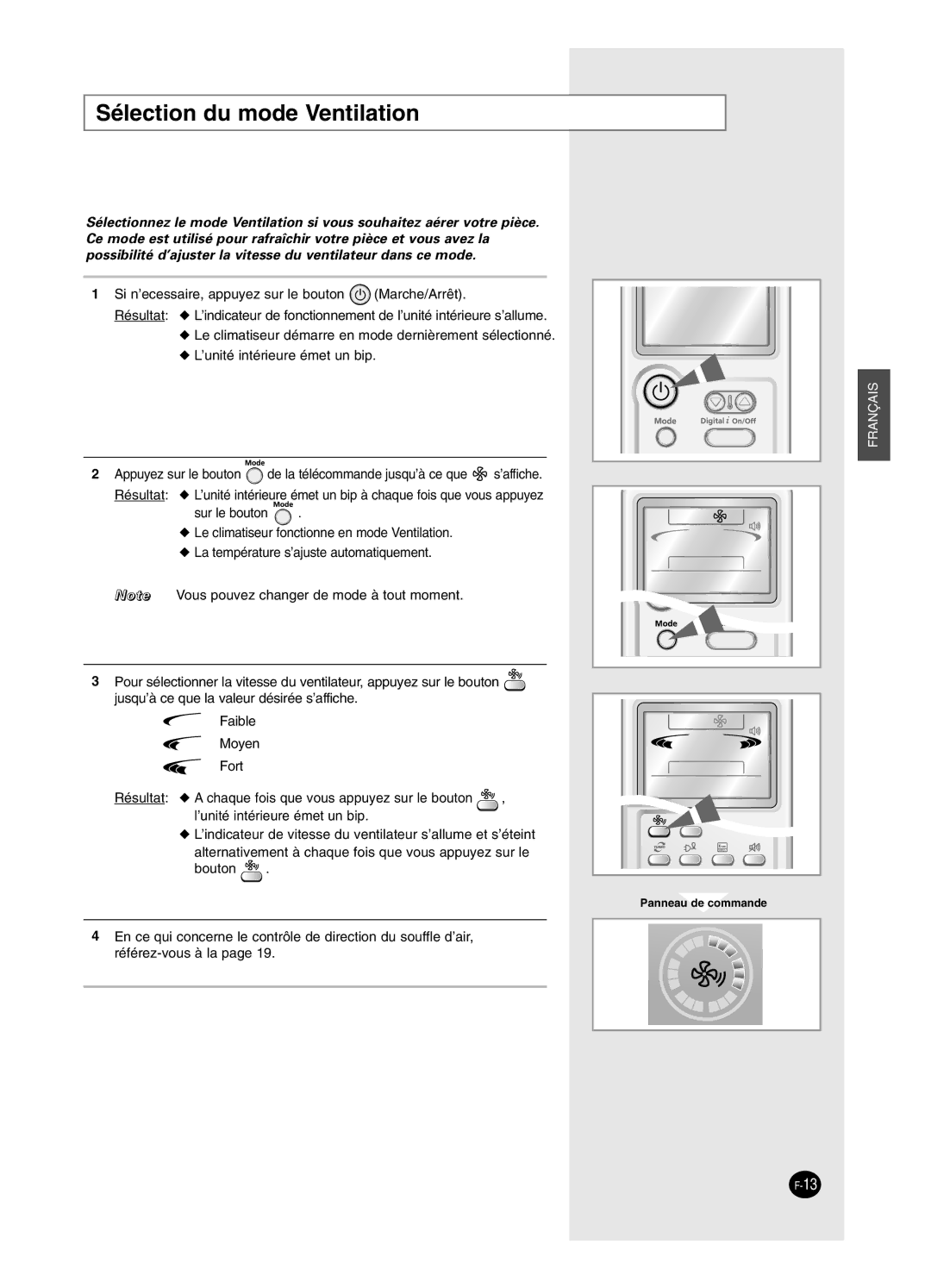 Samsung AS18HPCX, AS09HPCX, AS24HPCX, AS24HPCN, AS12HPCX, AS12HPCN, AS18HPCN, AS09HPCN manual Sélection du mode Ventilation 