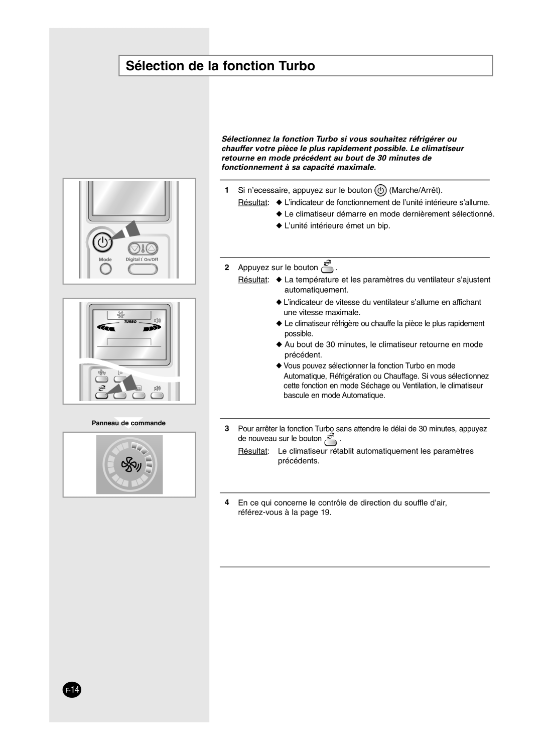 Samsung AS18HPCN, AS09HPCX, AS24HPCX, AS24HPCN, AS12HPCX, AS12HPCN, AS18HPCX, AS09HPCN manual Sélection de la fonction Turbo 