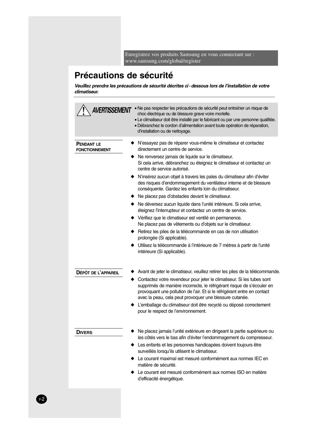 Samsung AS24HPCN, AS09HPCX, AS24HPCX, AS12HPCX, AS12HPCN, AS18HPCX, AS18HPCN, AS09HPCN manual Précautions de sécurité 