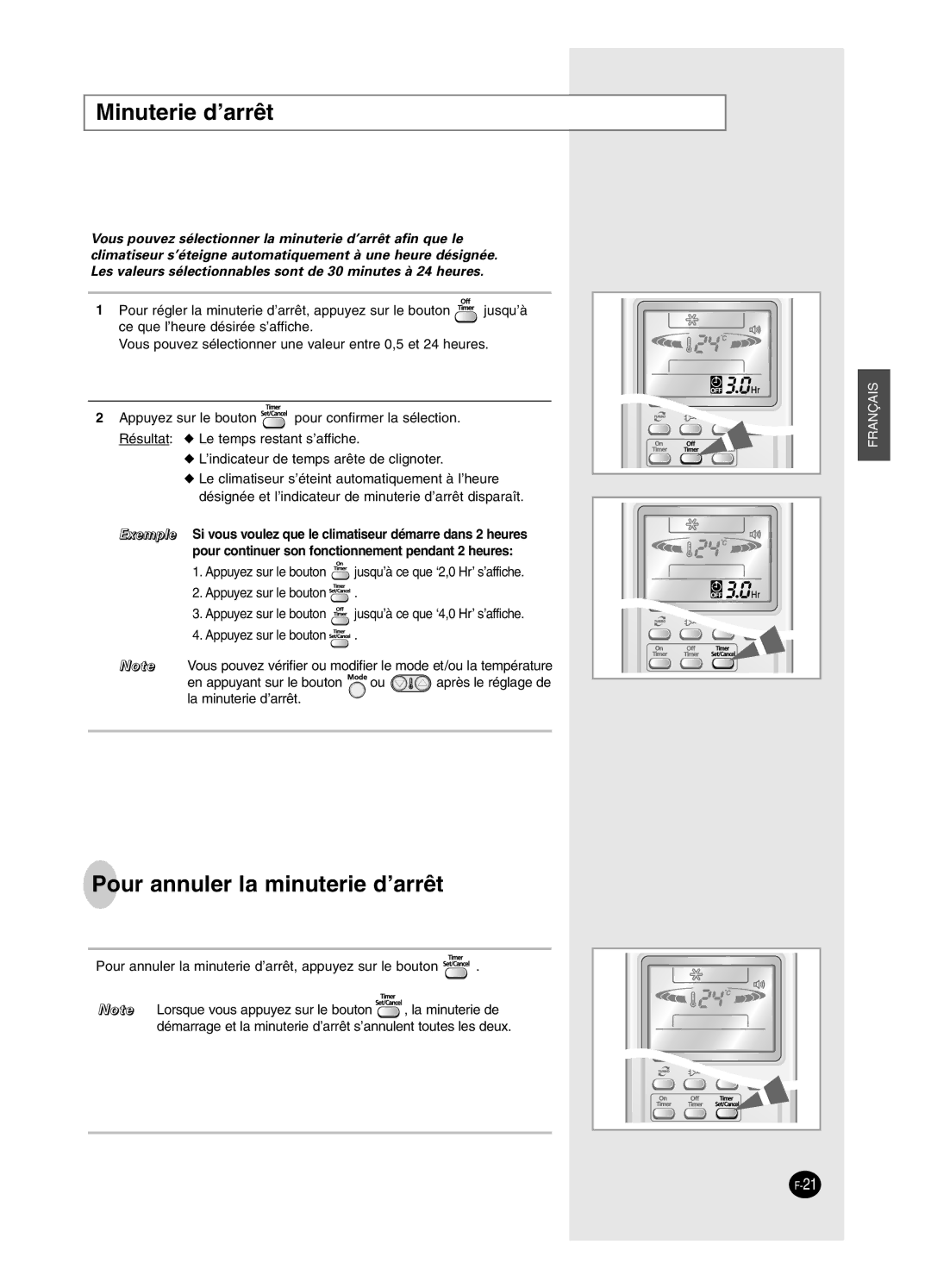 Samsung AS18HPCX, AS09HPCX, AS24HPCX, AS24HPCN, AS12HPCX, AS12HPCN manual Minuterie d’arrêt, Pour annuler la minuterie d’arrêt 