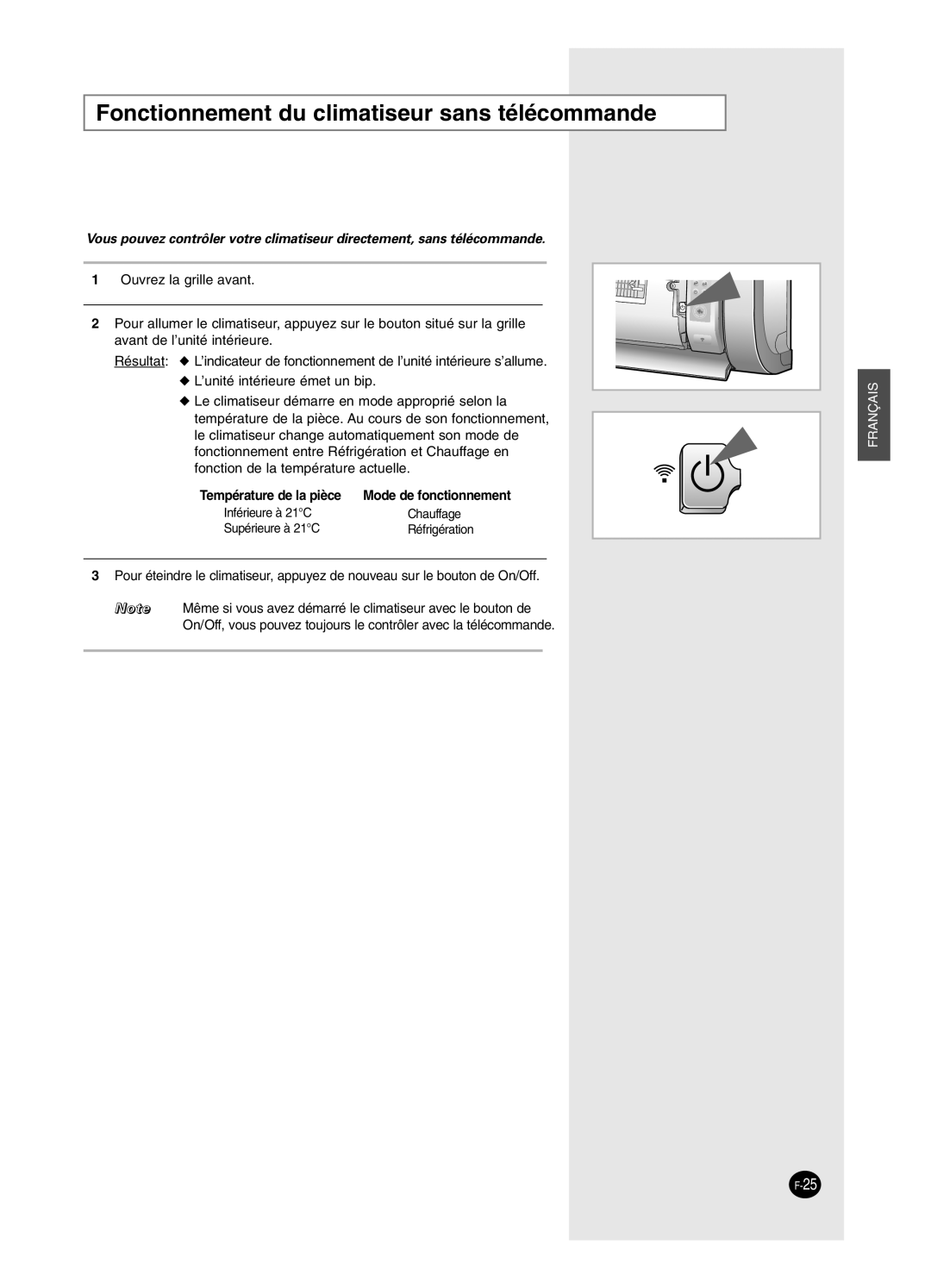 Samsung AS24HPCX, AS09HPCX, AS24HPCN, AS12HPCX manual Fonctionnement du climatiseur sans télécommande, Température de la pièce 