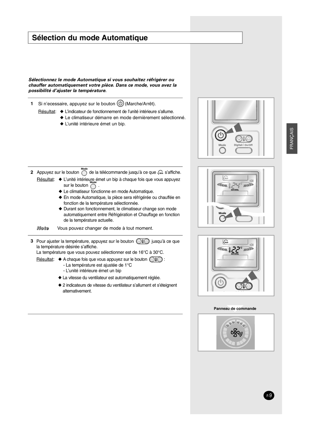 Samsung AS24HPCX, AS09HPCX, AS24HPCN, AS12HPCX, AS12HPCN, AS18HPCX, AS18HPCN, AS09HPCN manual Sélection du mode Automatique 