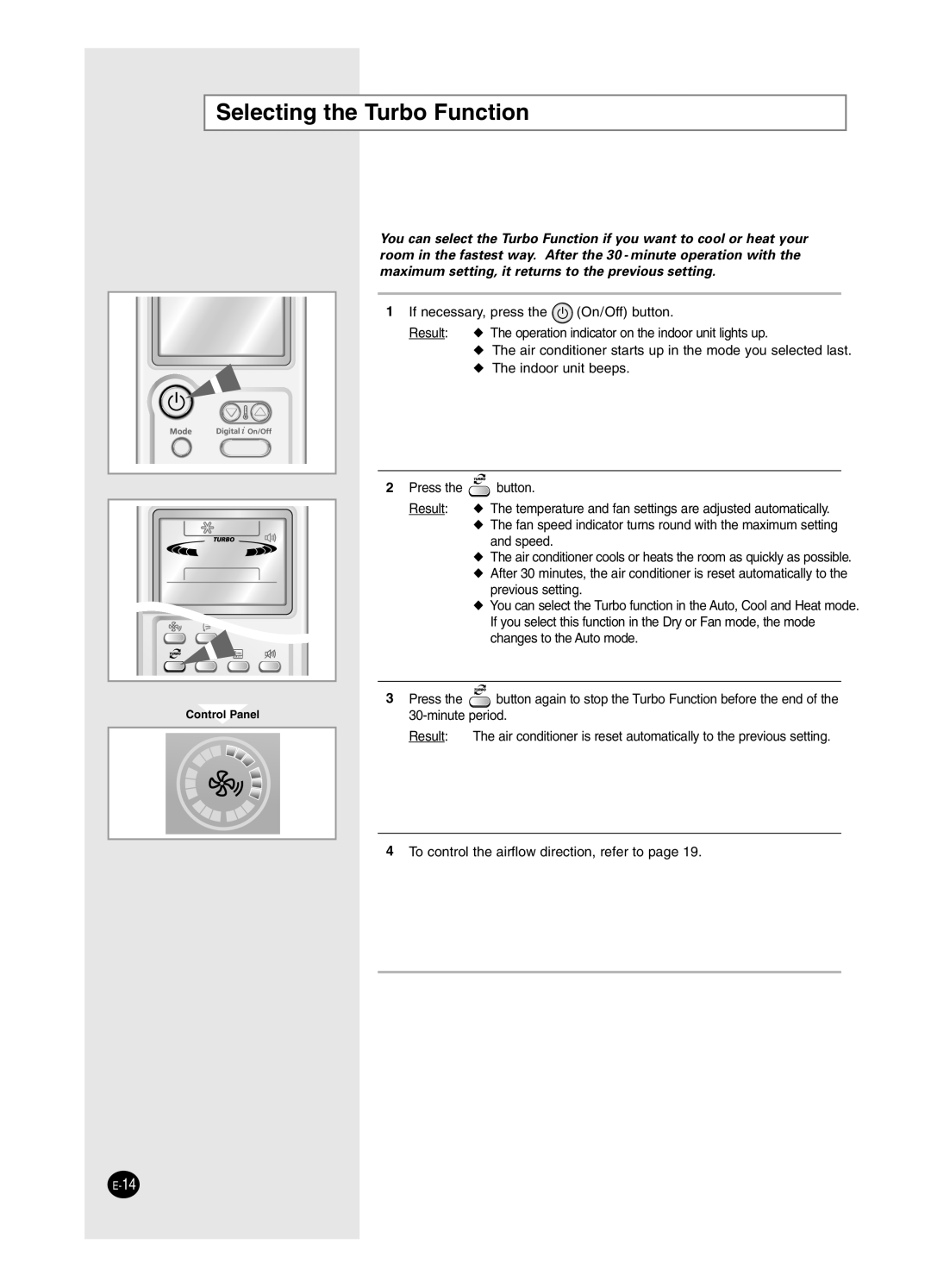 Samsung AS18HPCN, AS09HPCX, AS24HPCX, AS24HPCN, AS12HPCX, AS12HPCN, AS18HPCX, AS09HPCN manual Selecting the Turbo Function 