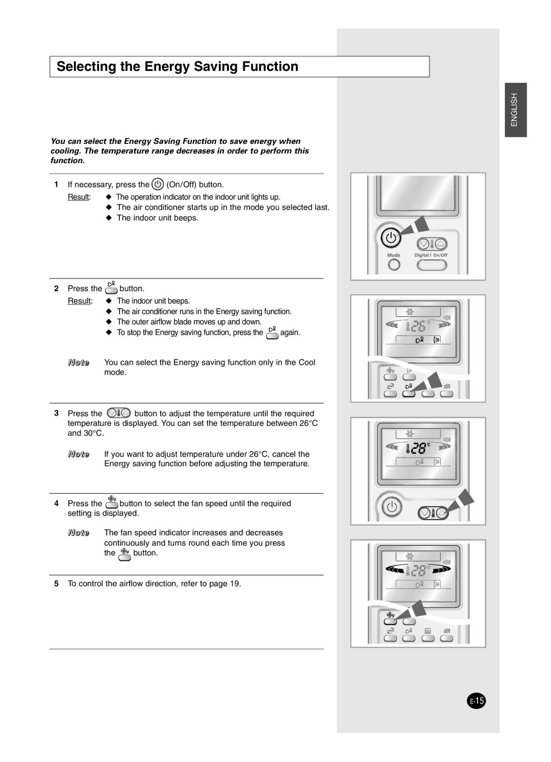 Samsung AS09HPCN, AS09HPCX, AS24HPCX, AS24HPCN, AS12HPCX, AS12HPCN, AS18HPCX, AS18HPCN manual Selecting the Energy Saving Function 