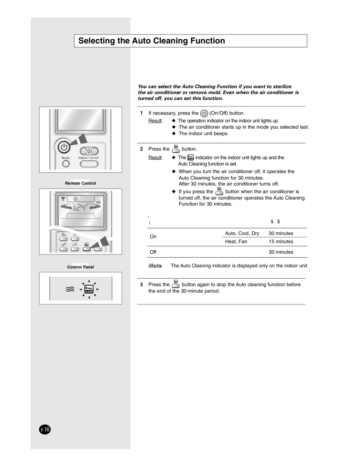 Samsung AS09HPCX, AS24HPCX Selecting the Auto Cleaning Function, When the air conditioner Mode Operating time Is turned 