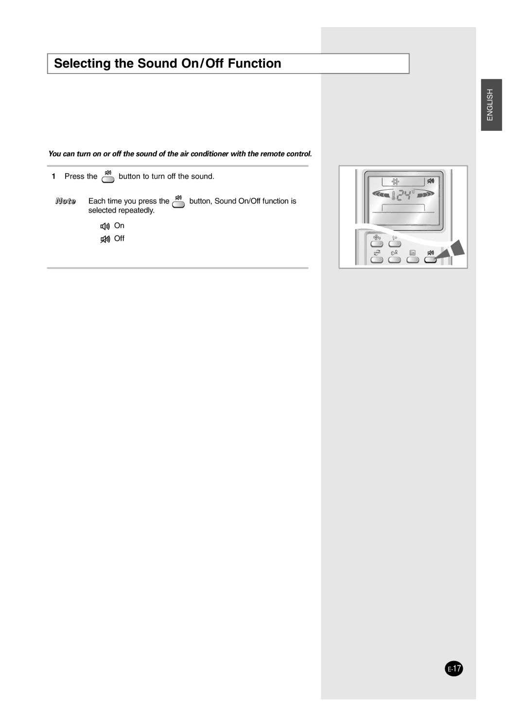 Samsung AS24HPCX, AS09HPCX, AS24HPCN, AS12HPCX, AS12HPCN, AS18HPCX, AS18HPCN, AS09HPCN manual Selecting the Sound On/Off Function 