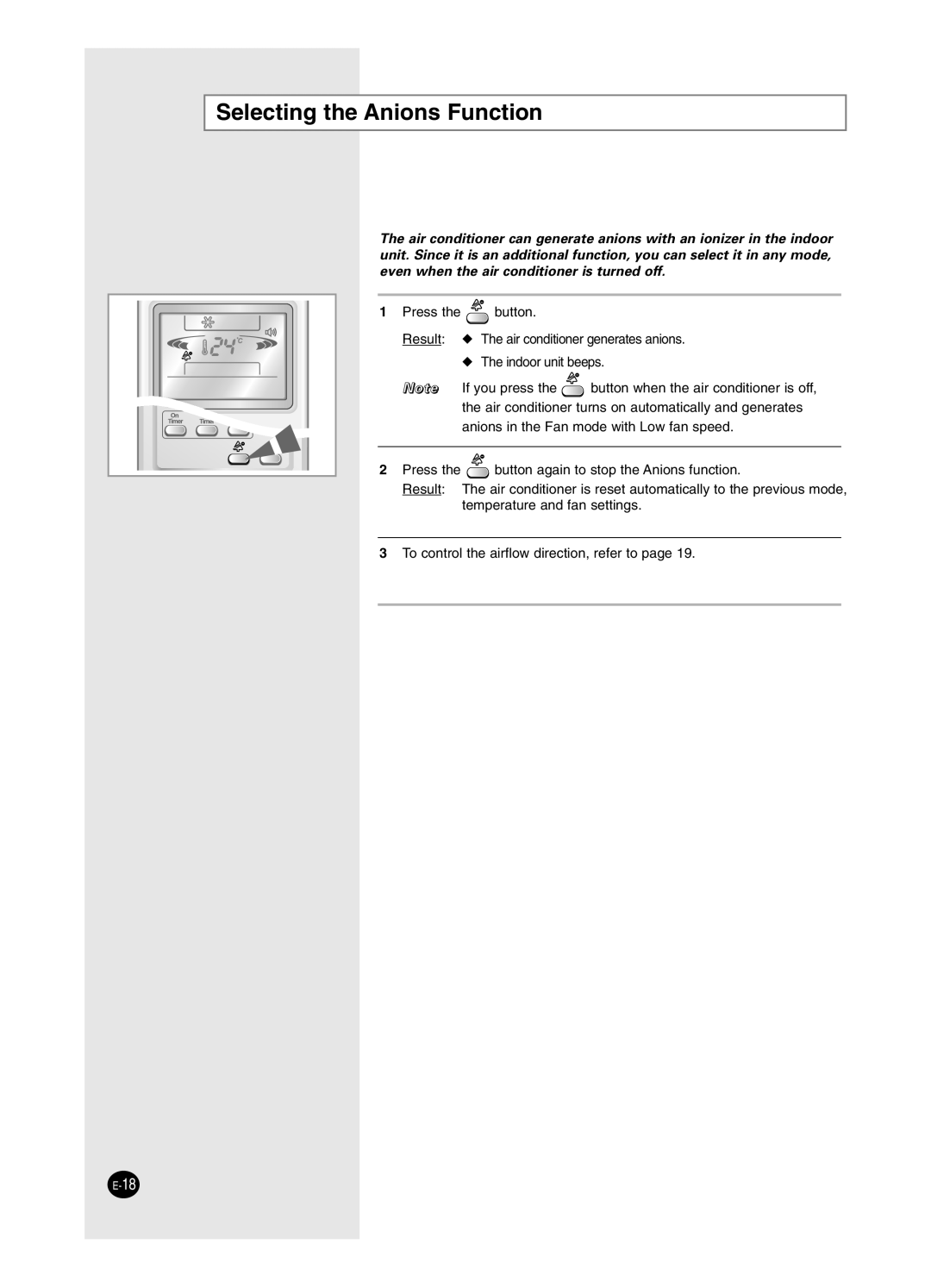 Samsung AS24HPCN, AS09HPCX, AS24HPCX, AS12HPCX, AS12HPCN, AS18HPCX, AS18HPCN, AS09HPCN manual Selecting the Anions Function 