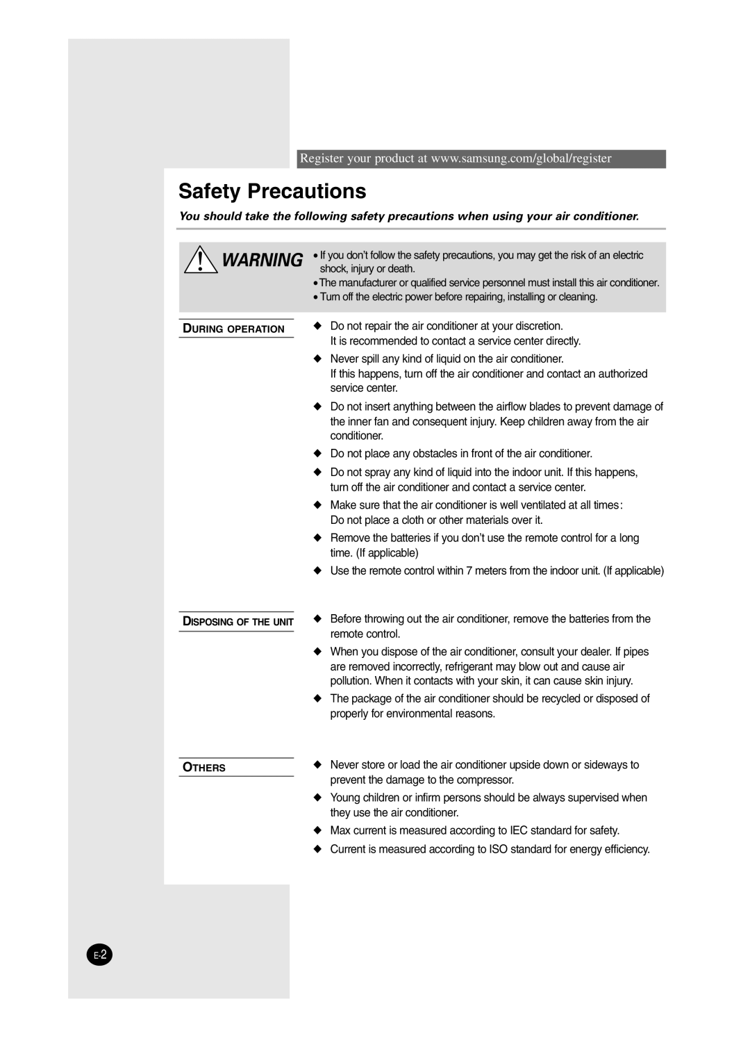 Samsung AS24HPCN, AS09HPCX, AS24HPCX, AS12HPCX, AS12HPCN, AS18HPCX, AS18HPCN, AS09HPCN manual Safety Precautions 