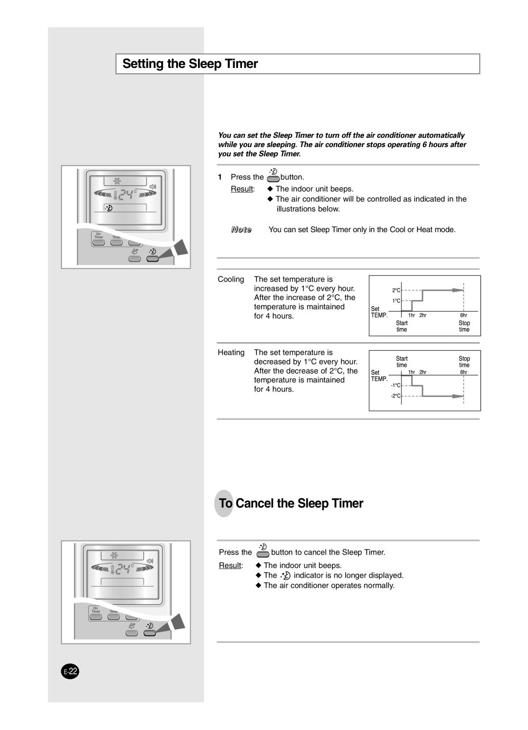 Samsung AS18HPCN, AS09HPCX, AS24HPCX, AS24HPCN, AS12HPCX, AS12HPCN, AS18HPCX Setting the Sleep Timer, To Cancel the Sleep Timer 