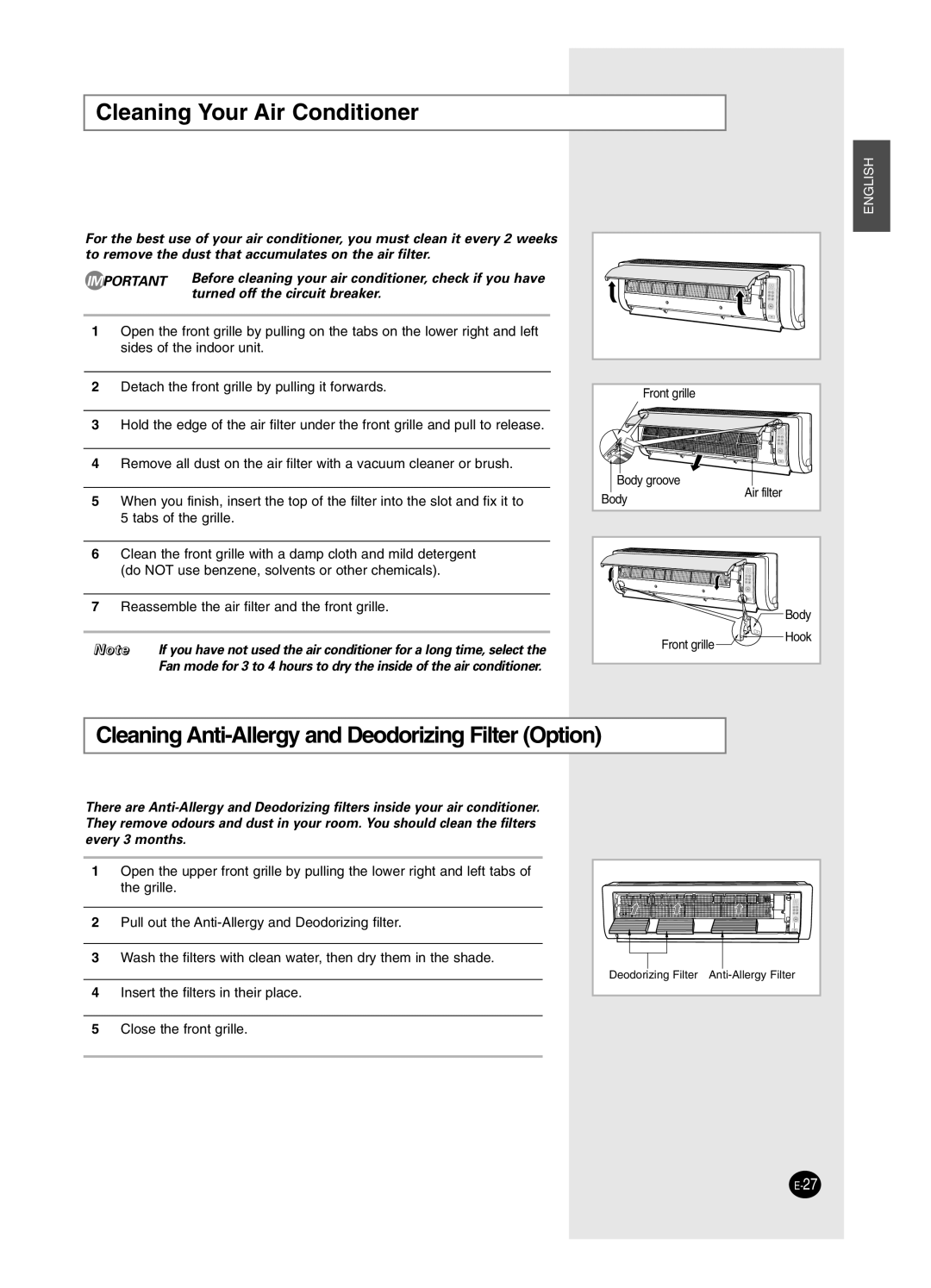 Samsung AS12HPCX, AS09HPCX, AS24HPCX Cleaning Your Air Conditioner, Cleaning Anti-Allergy and Deodorizing Filter Option 