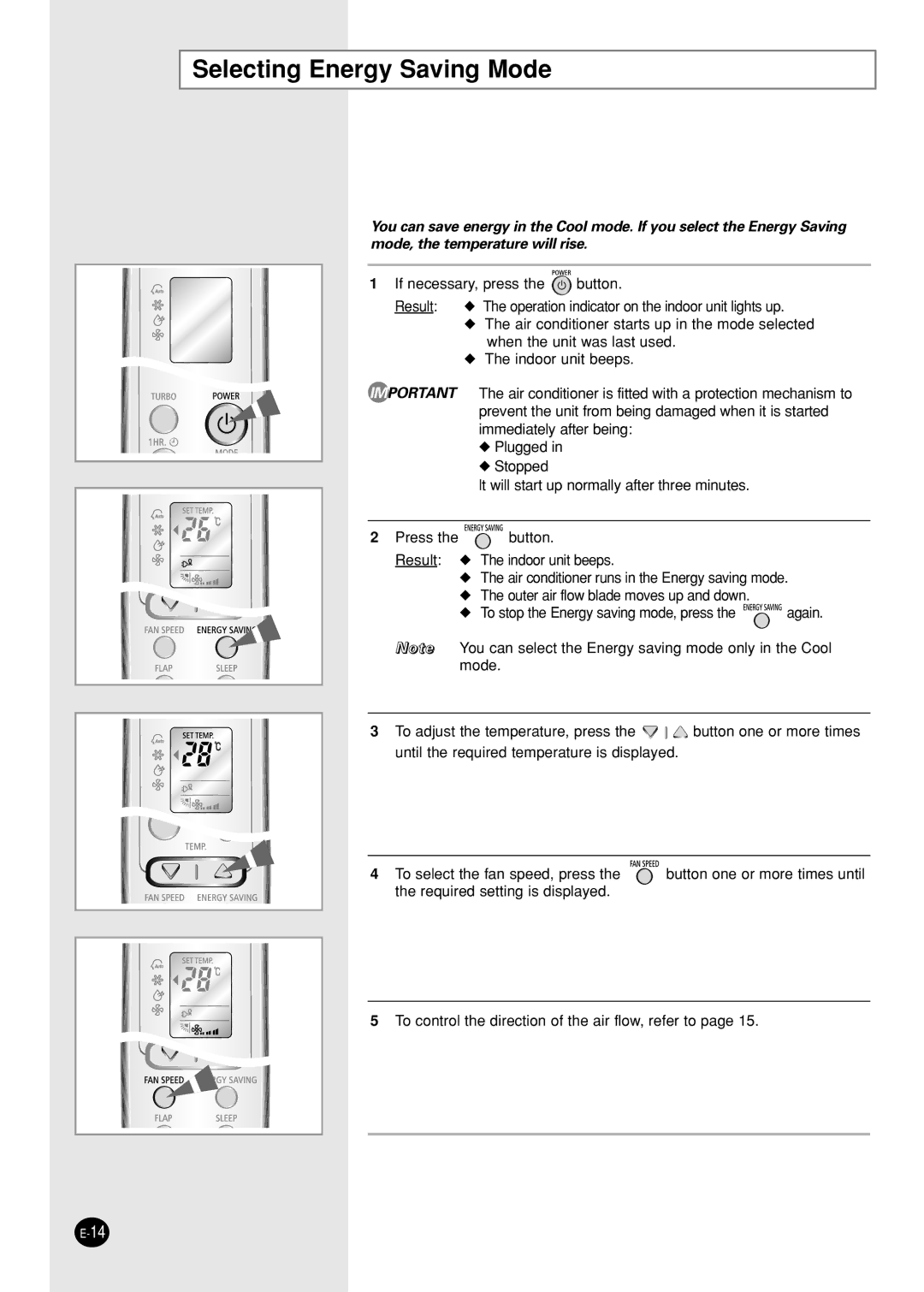 Samsung AS12WHWD5/XSV, AS09W8WDXSV, AS09W8WD5/XSV, AS12WHWDXSV manual Selecting Energy Saving Mode 