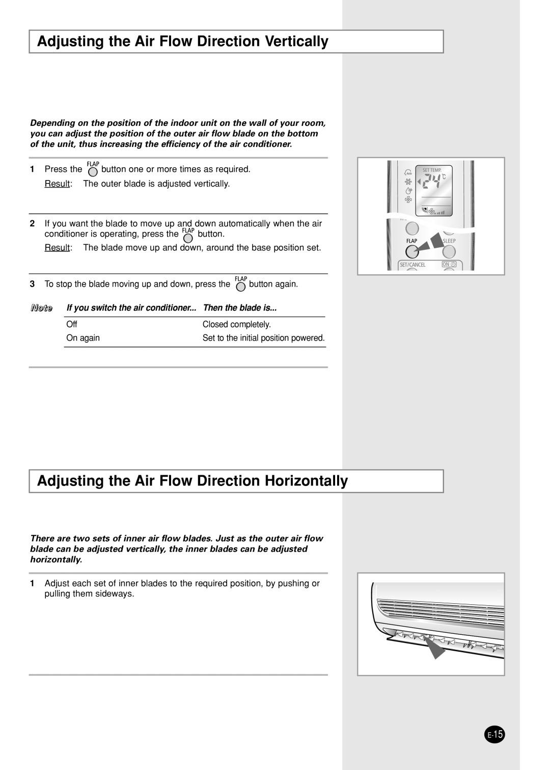 Samsung AS12WHWDXSV manual Adjusting the Air Flow Direction Vertically, Adjusting the Air Flow Direction Horizontally 