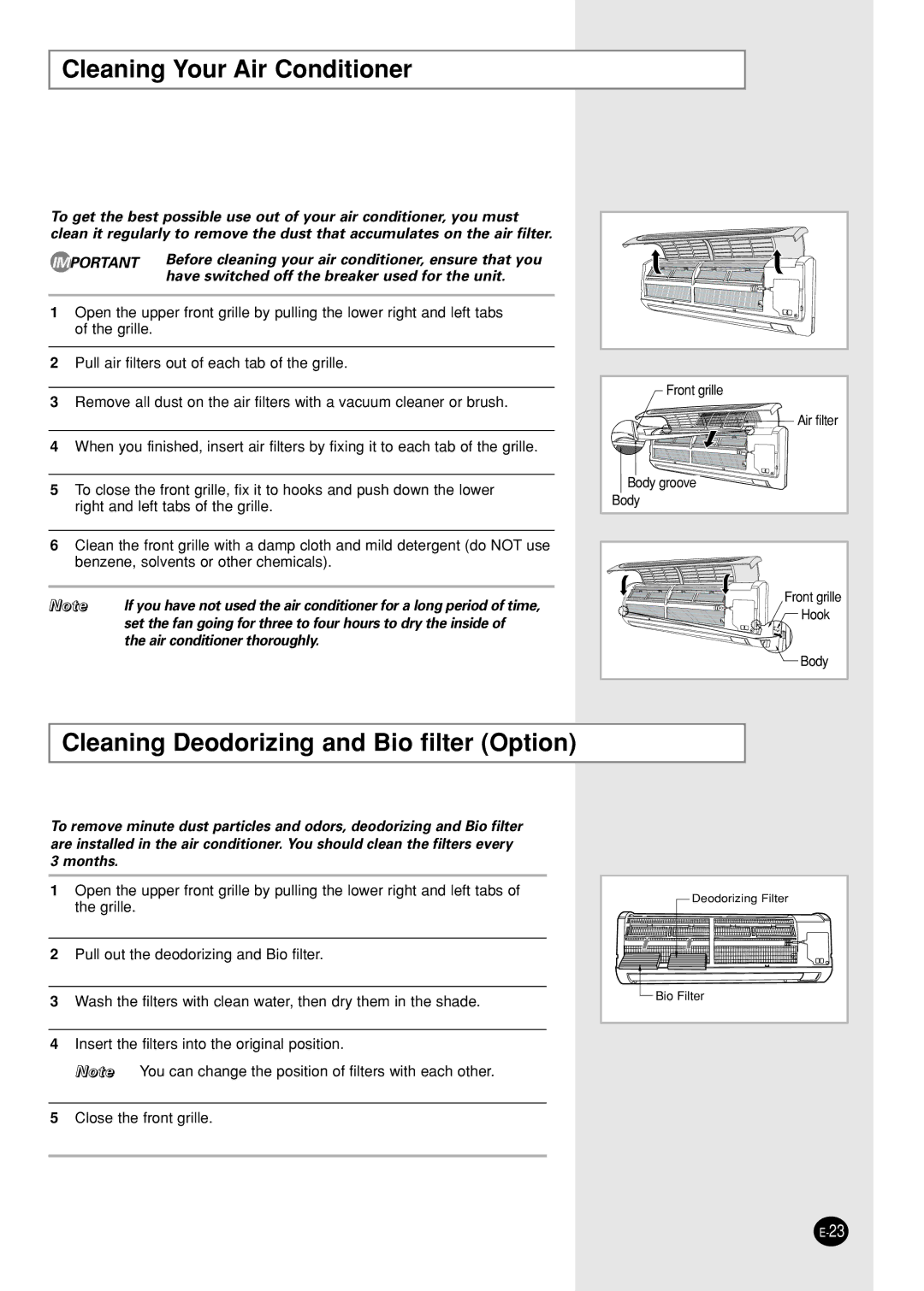 Samsung AS12WHWDXSV, AS09W8WDXSV, AS09W8WD5/XSV Cleaning Your Air Conditioner, Cleaning Deodorizing and Bio filter Option 