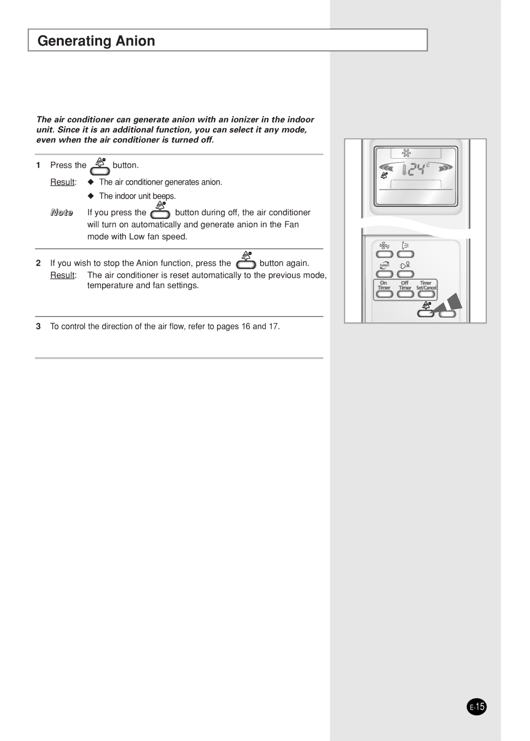 Samsung AS09P8GD/XSV, AS12PHGD/XSV, AS09P8GDXSV, AS12PHGDXSV manual Generating Anion 