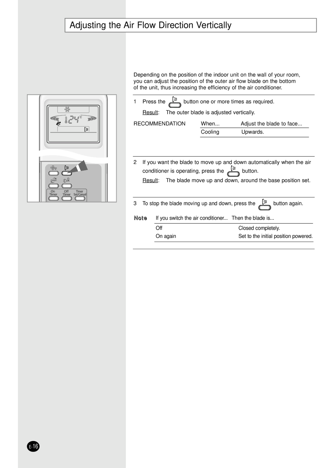 Samsung AS12PHGD/XSV, AS09P8GDXSV, AS12PHGDXSV, AS09P8GD/XSV Adjusting the Air Flow Direction Vertically, Recommendation 