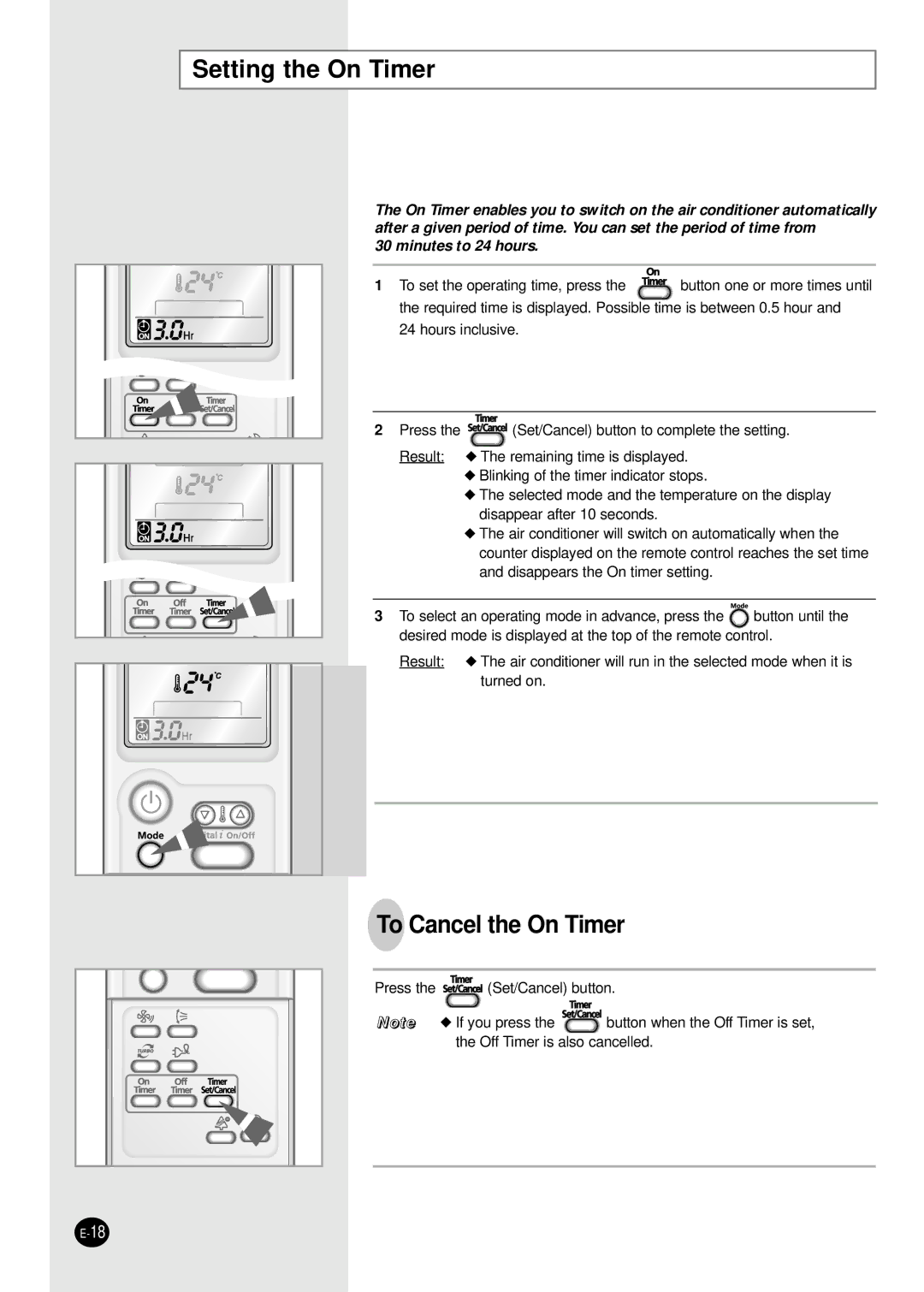 Samsung AS12PHGDXSV, AS12PHGD/XSV, AS09P8GDXSV, AS09P8GD/XSV manual Setting the On Timer, To Cancel the On Timer 