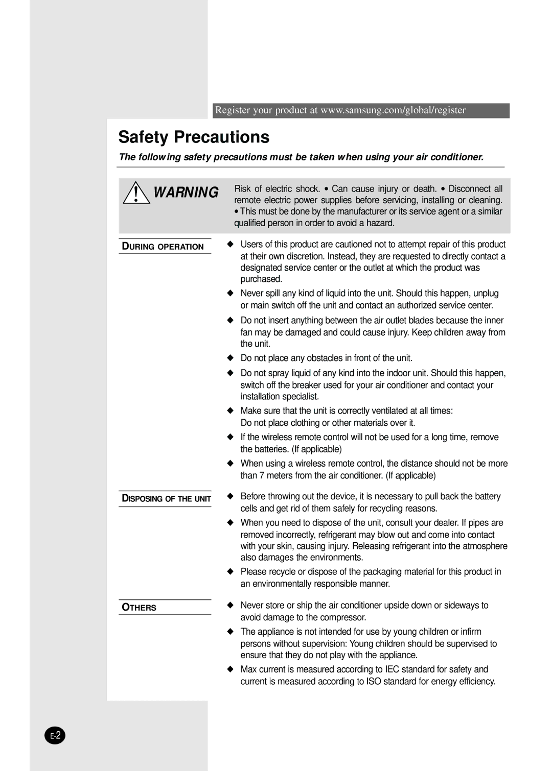 Samsung AS12PHGDXSV, AS12PHGD/XSV, AS09P8GDXSV, AS09P8GD/XSV manual Safety Precautions 