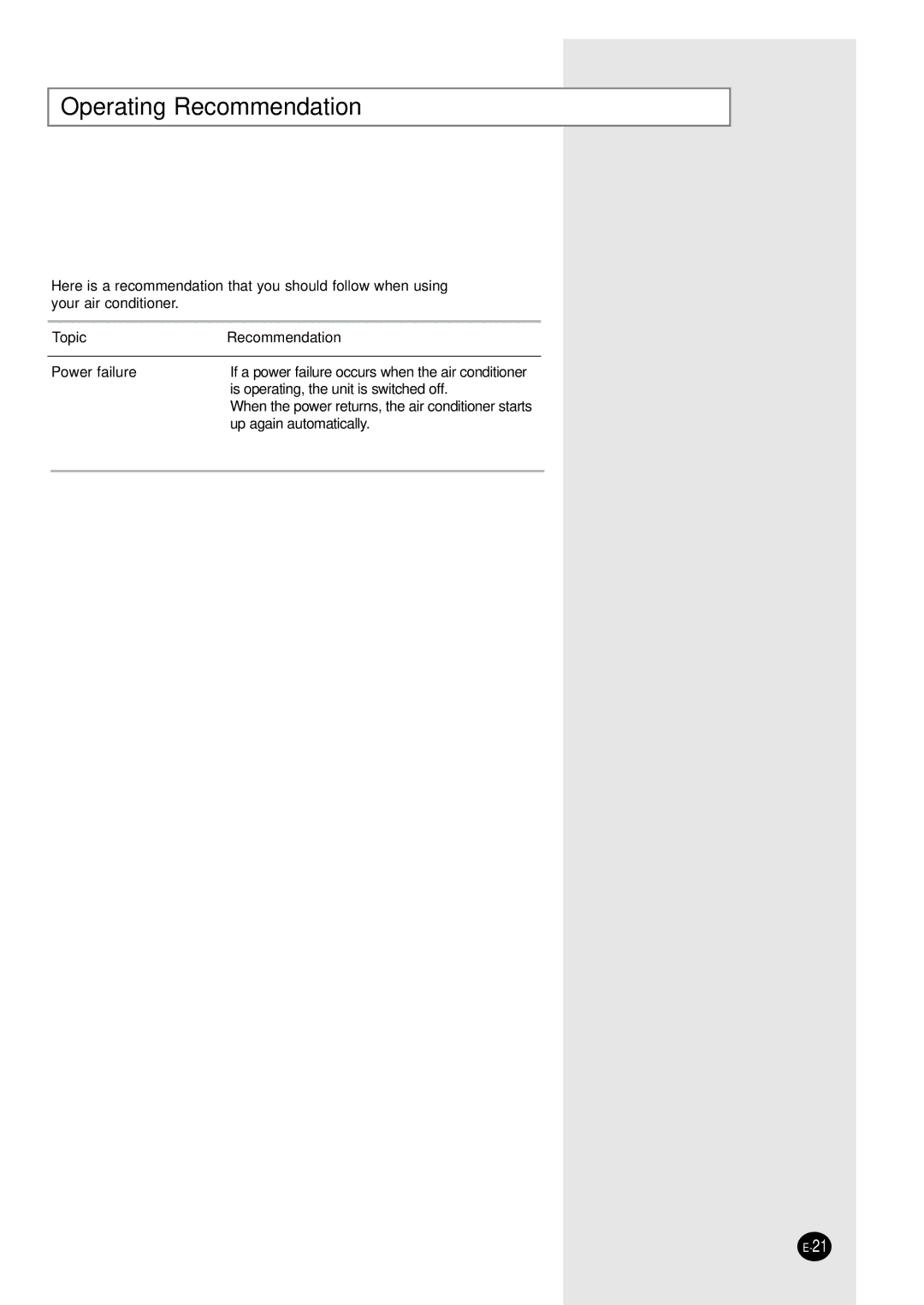 Samsung AS09P8GDXSV, AS12PHGD/XSV, AS12PHGDXSV, AS09P8GD/XSV manual Operating Recommendation, Topic Recommendation 