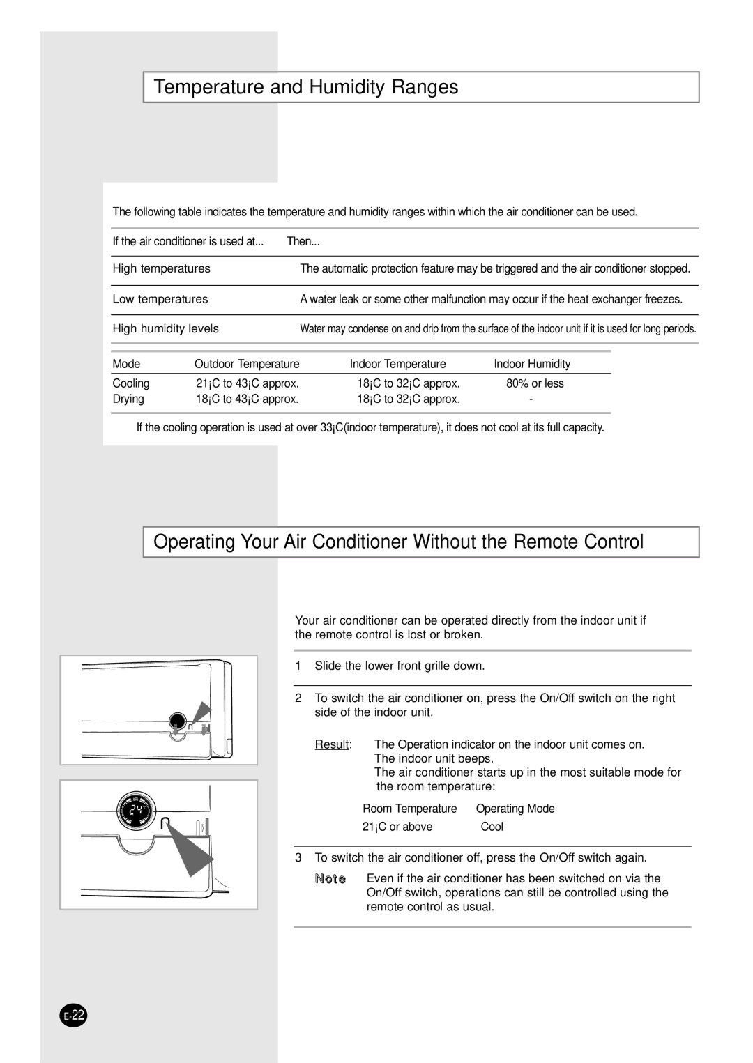 Samsung AS12PHGDXSV manual Temperature and Humidity Ranges, Operating Your Air Conditioner Without the Remote Control 