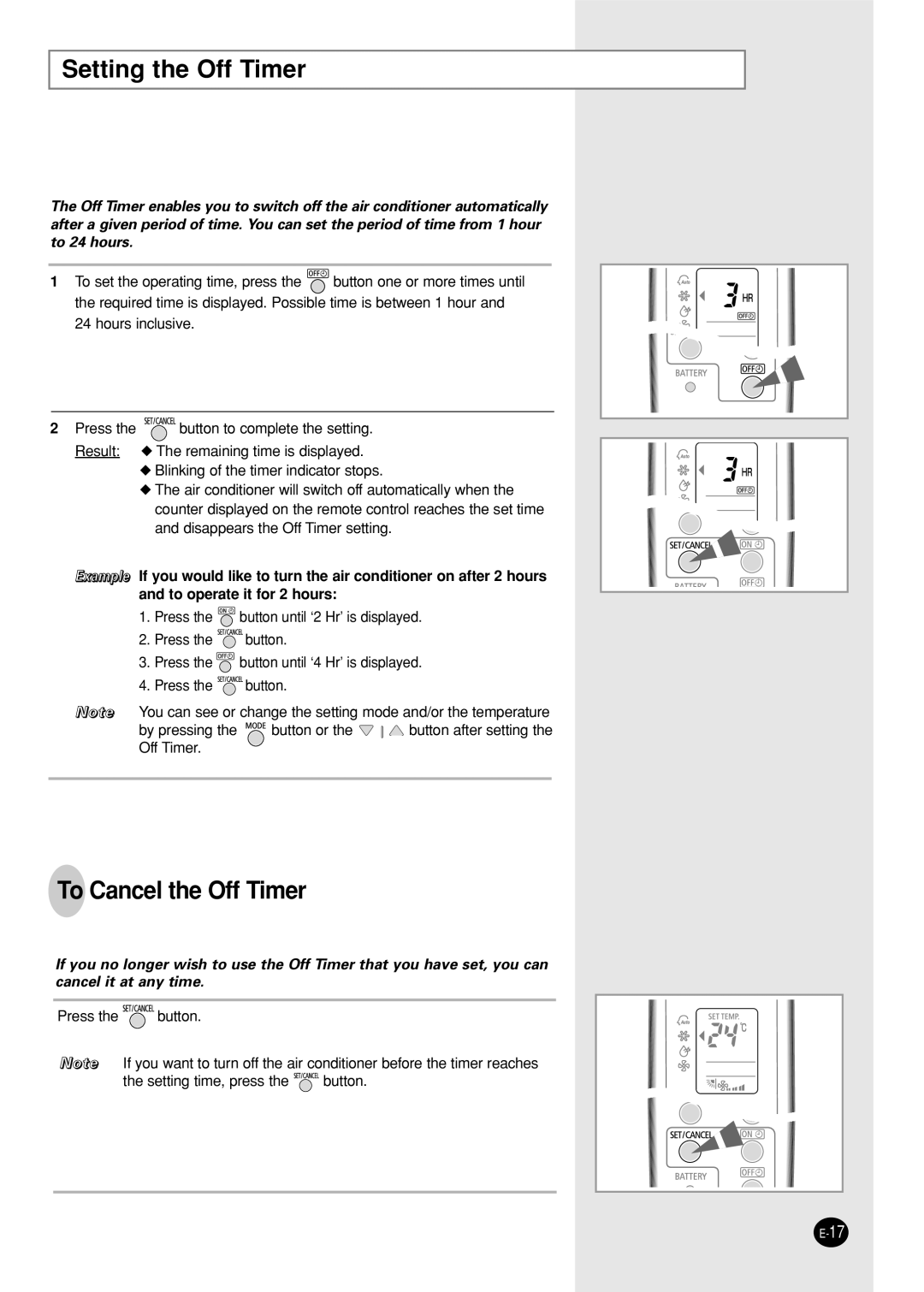 Samsung IAS12WHWE/AFR, AST12WHWE/XSG, AST12WHWE/MID manual Setting the Off Timer, To Cancel the Off Timer 